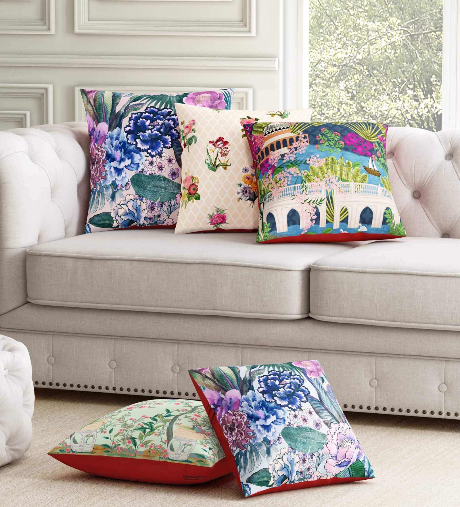 Pink Florals Poly Cotton 12 x 12 Inches Cushion Covers (Set of 5)