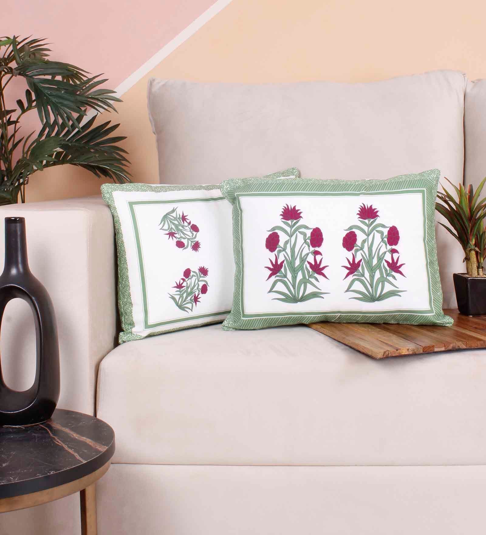 Green Polycotton Floral 12x18 inches Cushion Covers (Pack of 2)