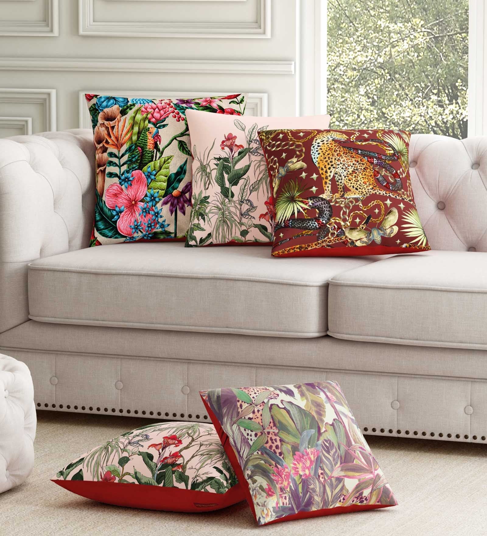 Multicolor Floral PolyCotton 16 x 16 Inches Cushion Cover (Set of 5)
