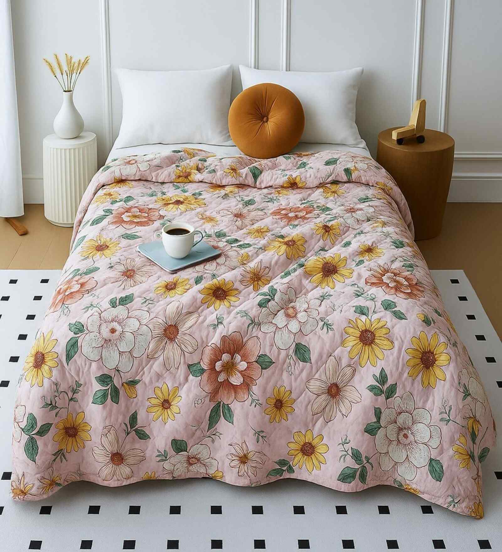 Pink Polycotton Floral 300 Gsm Soft Quilted Double Bed Comforter