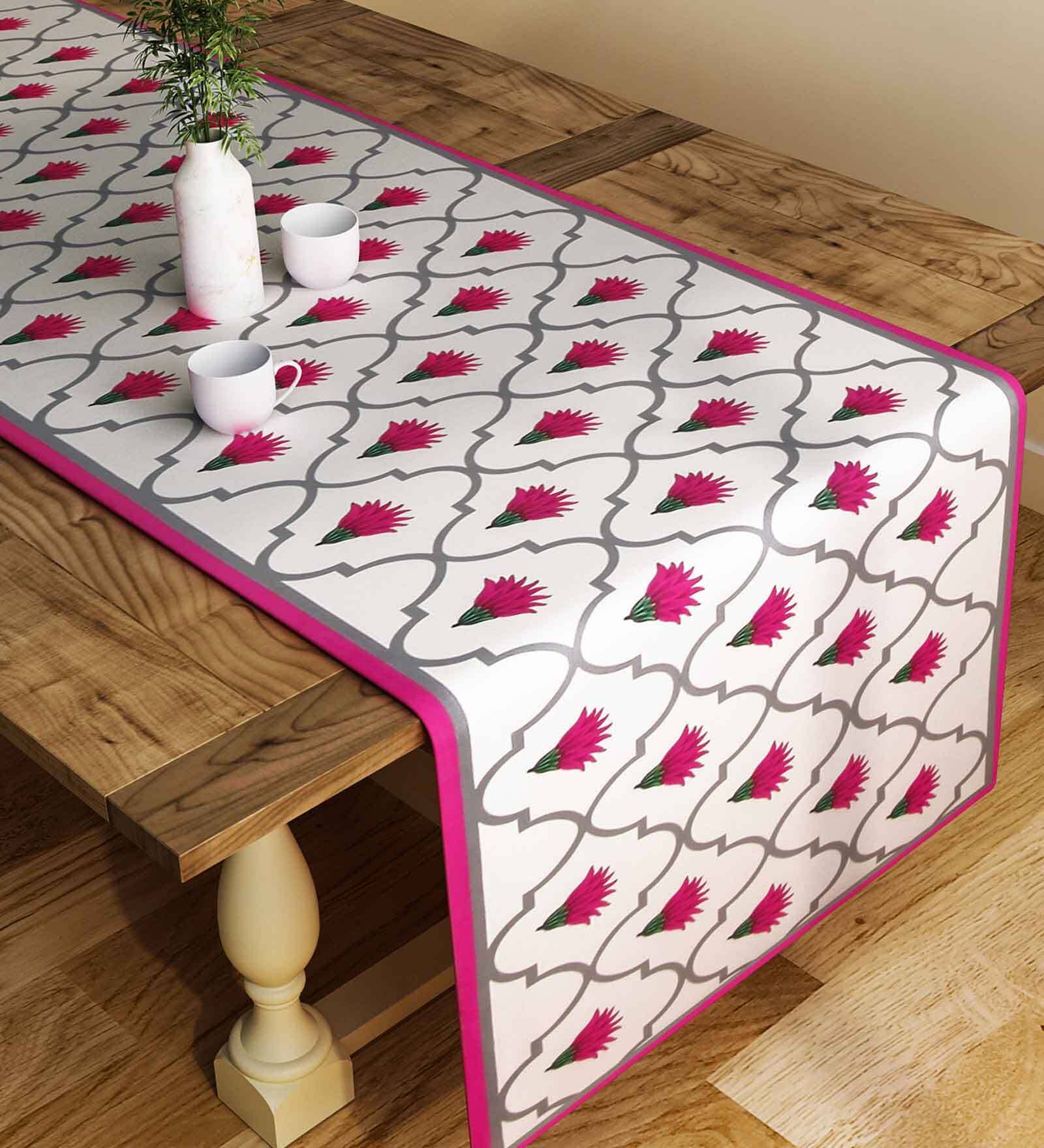 Floral (78x12) White & Pink Poly Cotton Table Runner