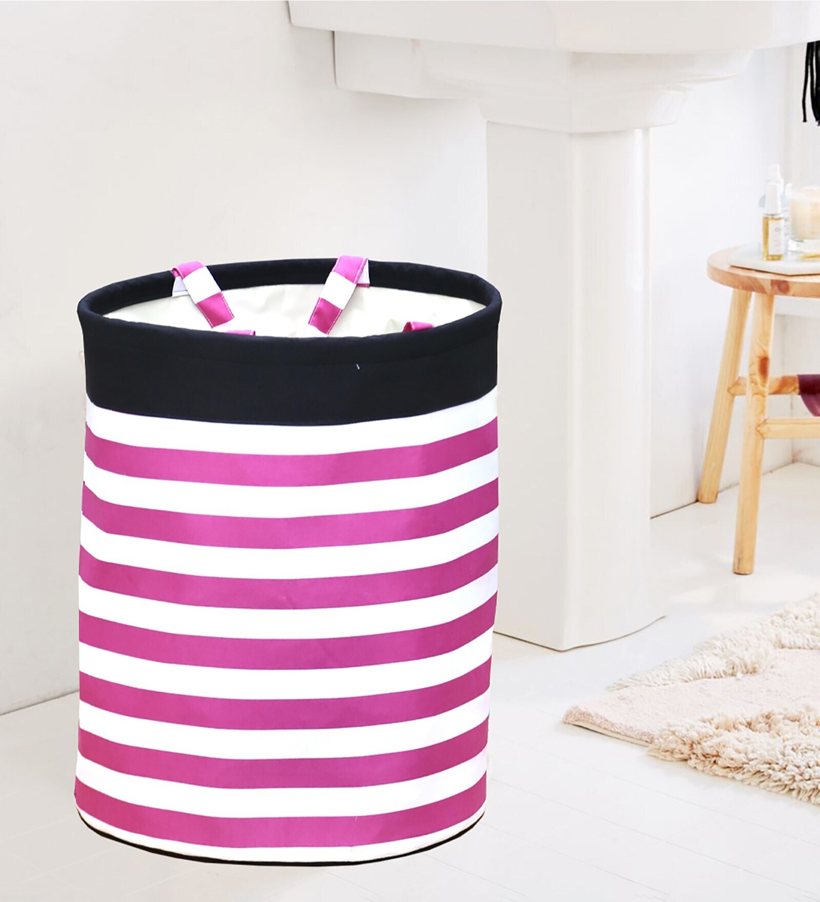 Pink Polyerster Striped Foldable 40 Ltr Laundry Basket