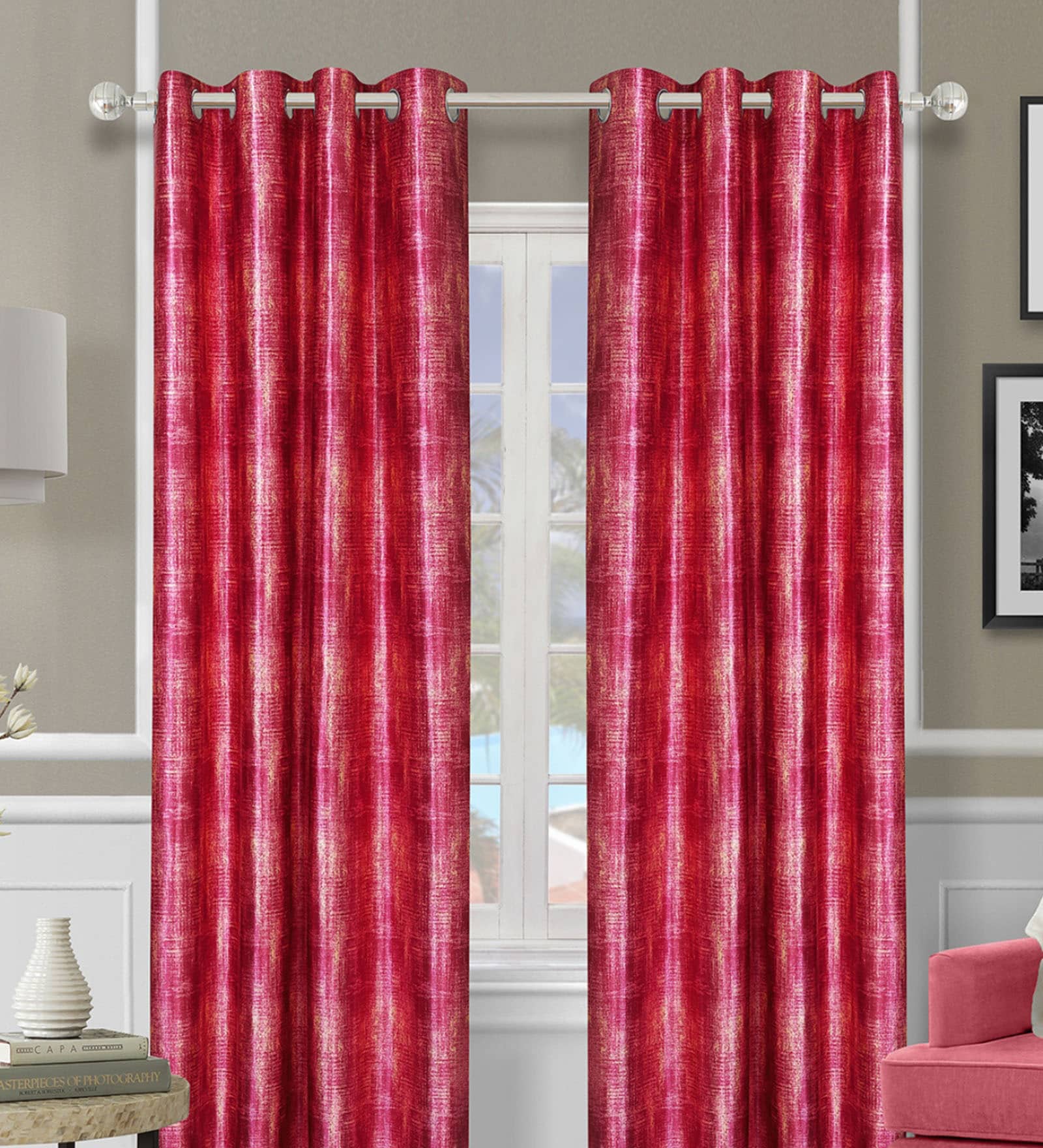 Pink Polyester Abstract Light Filtering Eyelet 7 Feet Door Curtains (2 Pc)