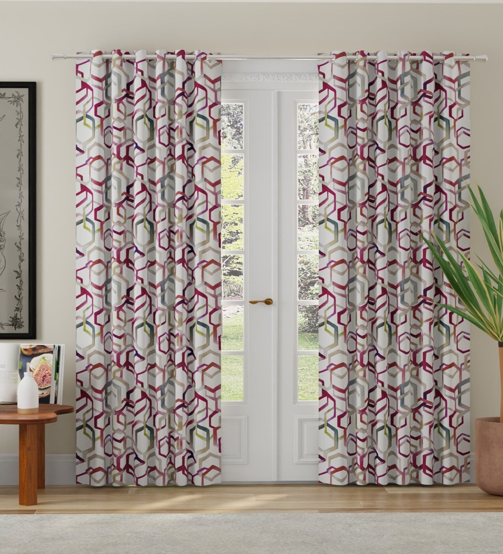 Pink Polyester Abstract 9ft Room Darkening Eyelet Long Door Curtains (2 Pc)