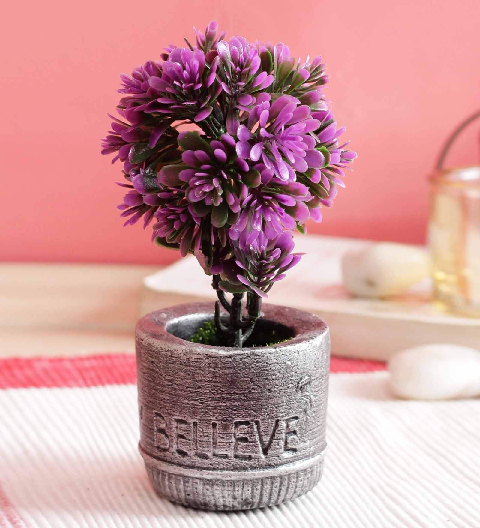 Pink Polyester Artificial Bonsai Plant With Grey Resin Pot