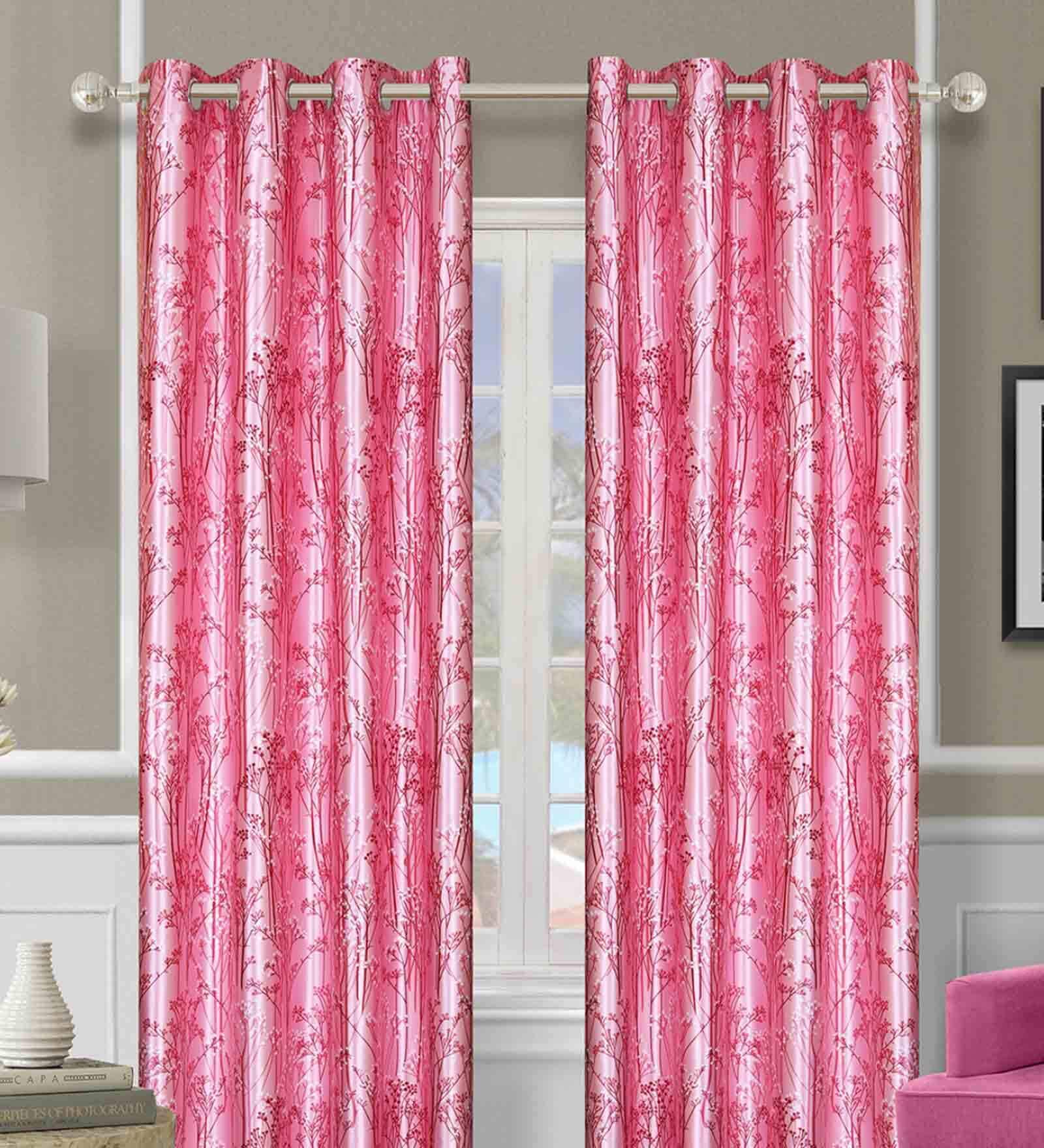 Pink Polyester Floral 9FT Light Filtering Eyelet Long Door Curtains (Pack of 2)
