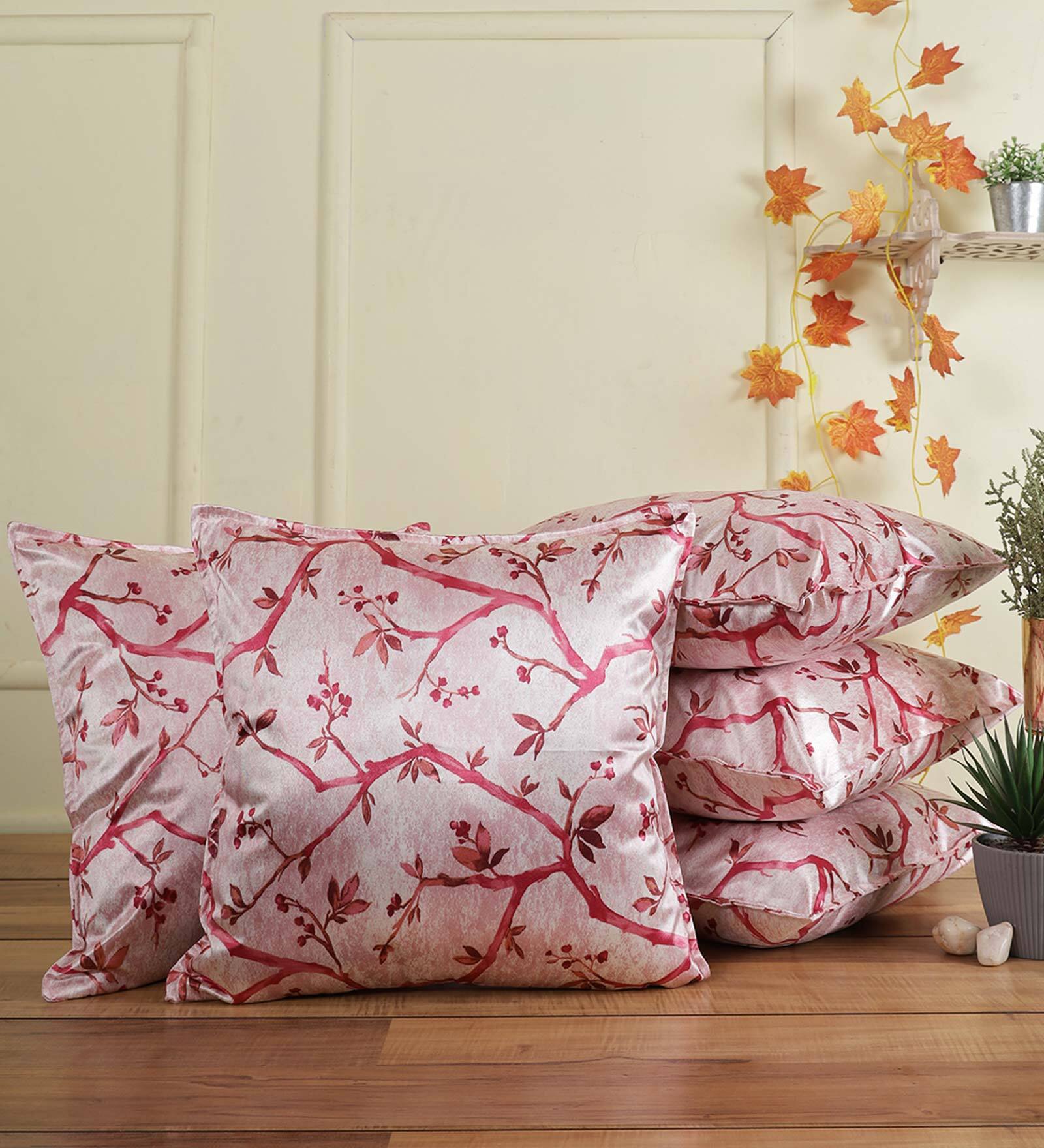 Pink Floral Polyester Blend 16 x 16 Inches Cushion Covers (Set of 5)