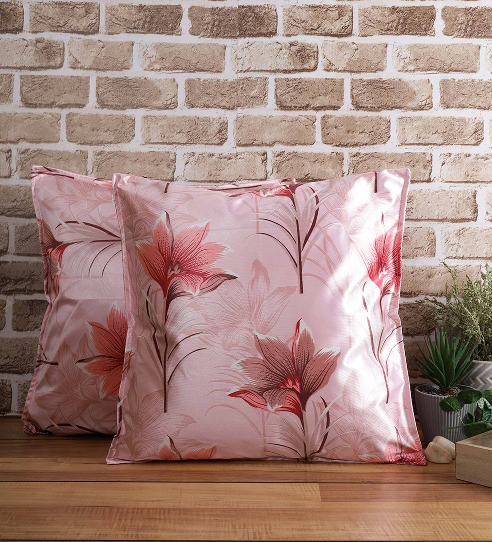 Pink Floral Polyester Blend 24 x 24 Inch Cushion Covers (Set of 2)