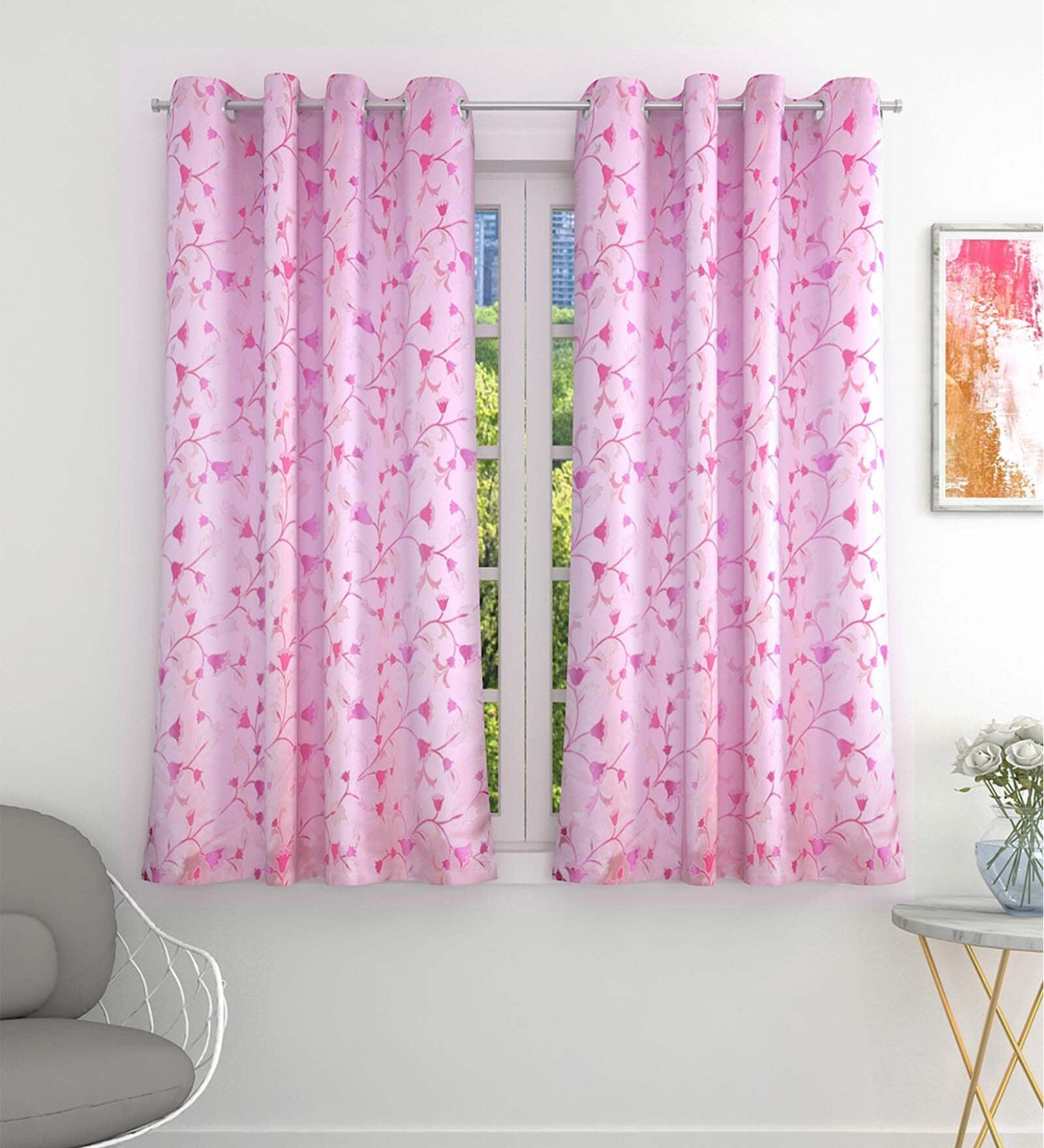 Pink Polyester Floral 5 Ft Light Filtering Eyelet 1 Piece Window Curtain