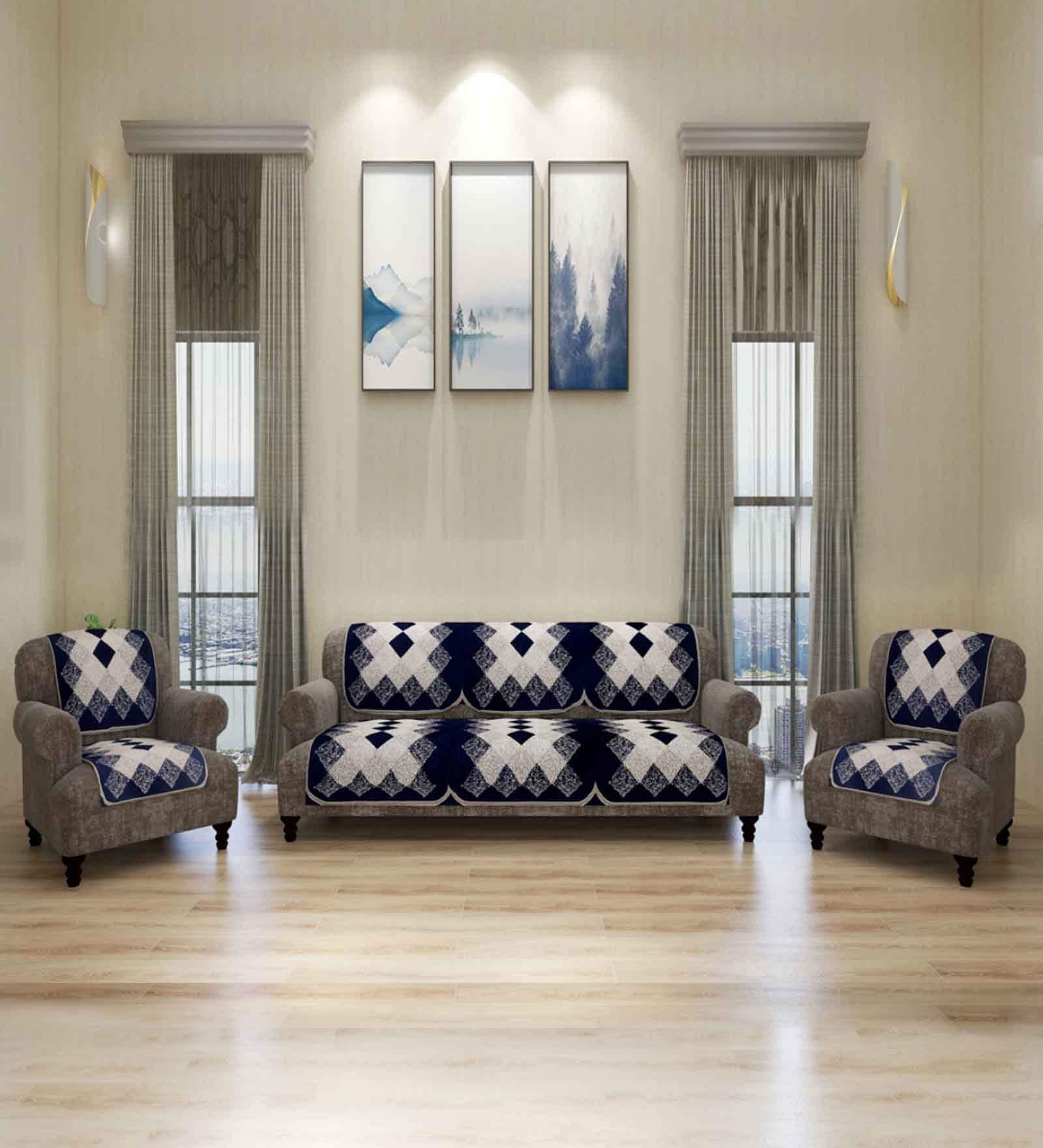 Blue Checkered Polyester Chenille 5 Seater Sofa Cover