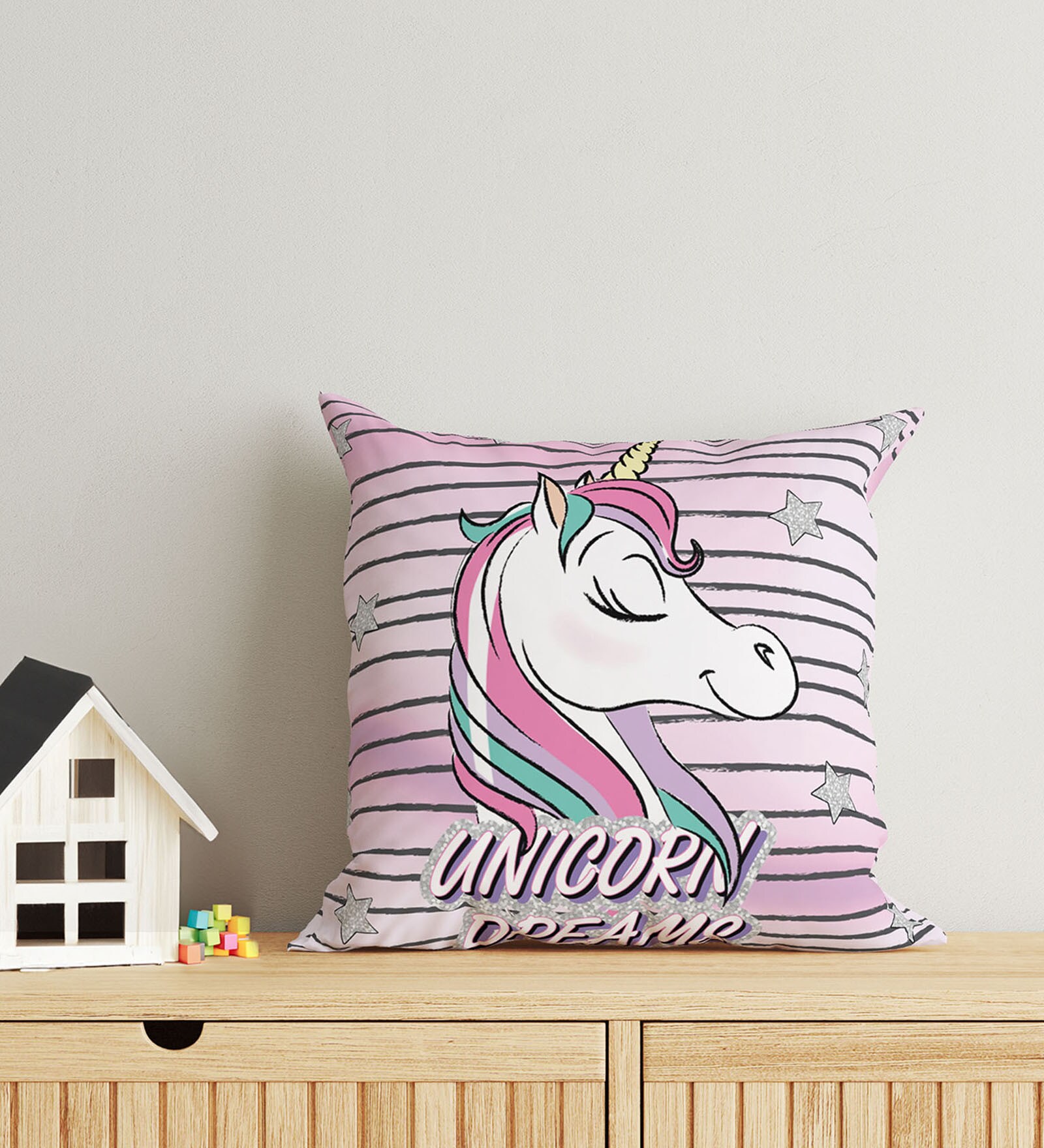 Pink Polyester Disney 16x16 inches Reversible Kids Cushion (1 Pc)