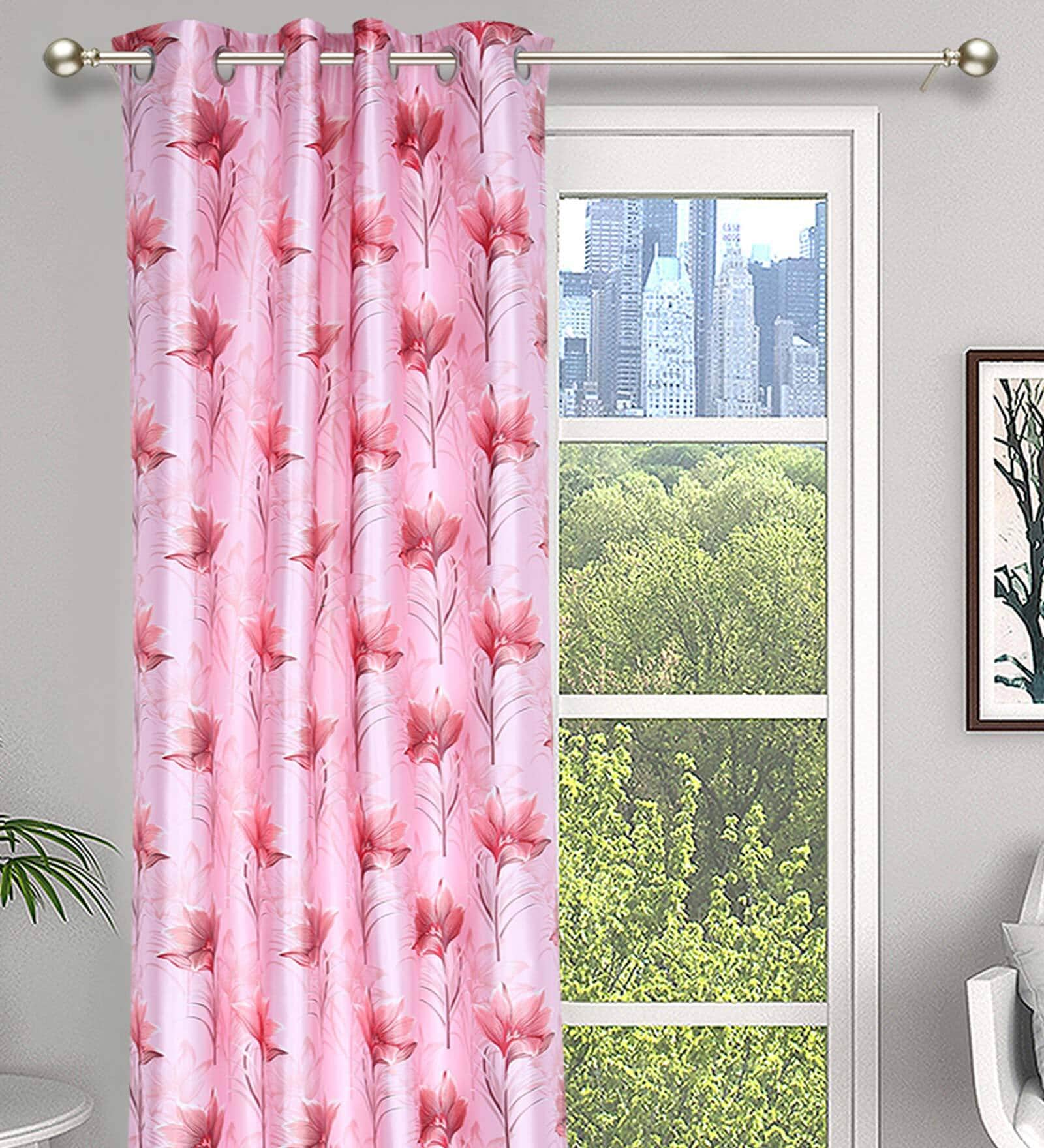 Pink Polyester Floral 5ft Light Filtering Eyelet 2 Pcs Window Curtains