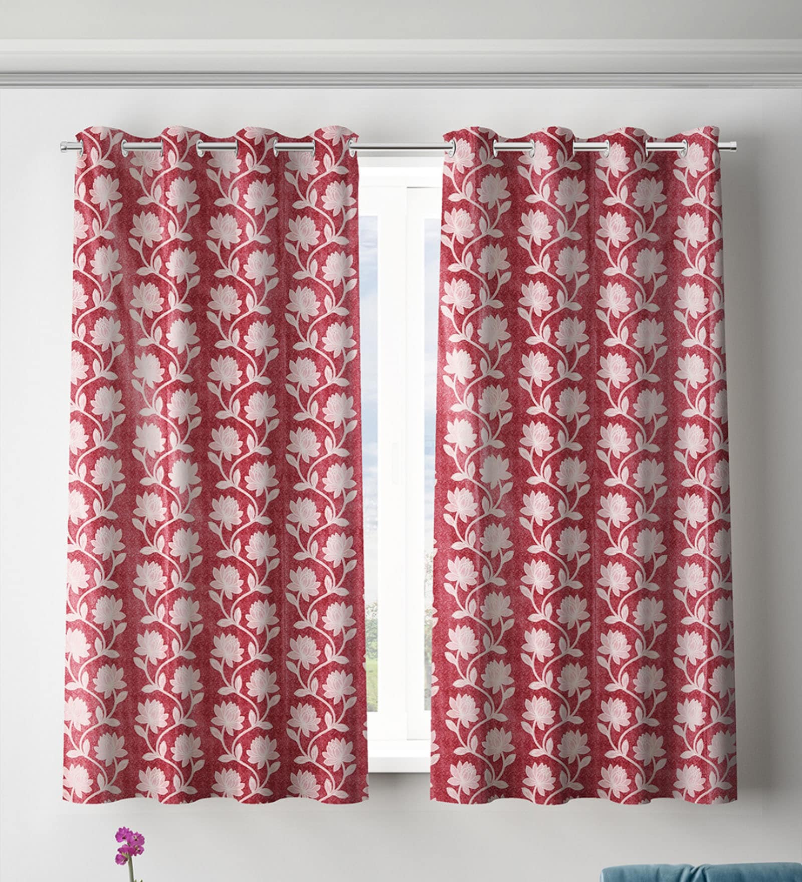 Pink Polyester Floral Light Filtering Eyelet 5 Feet Window Curtains (2 Pc)
