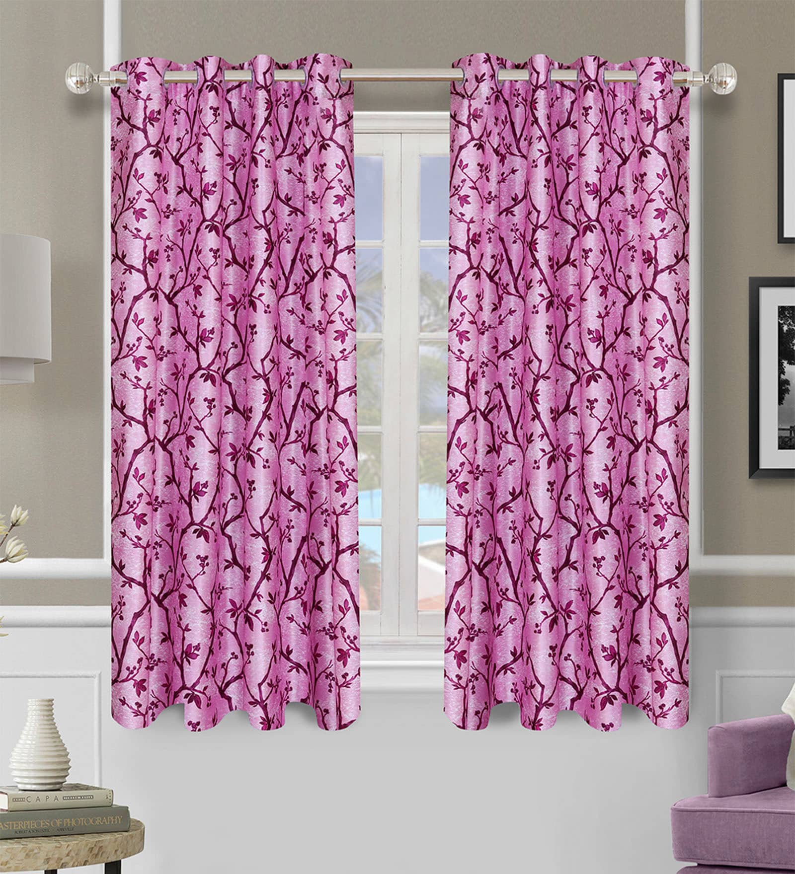 Pink Polyester Floral Light Filtering Eyelet 5 Feet Window Curtains (2 Pc)