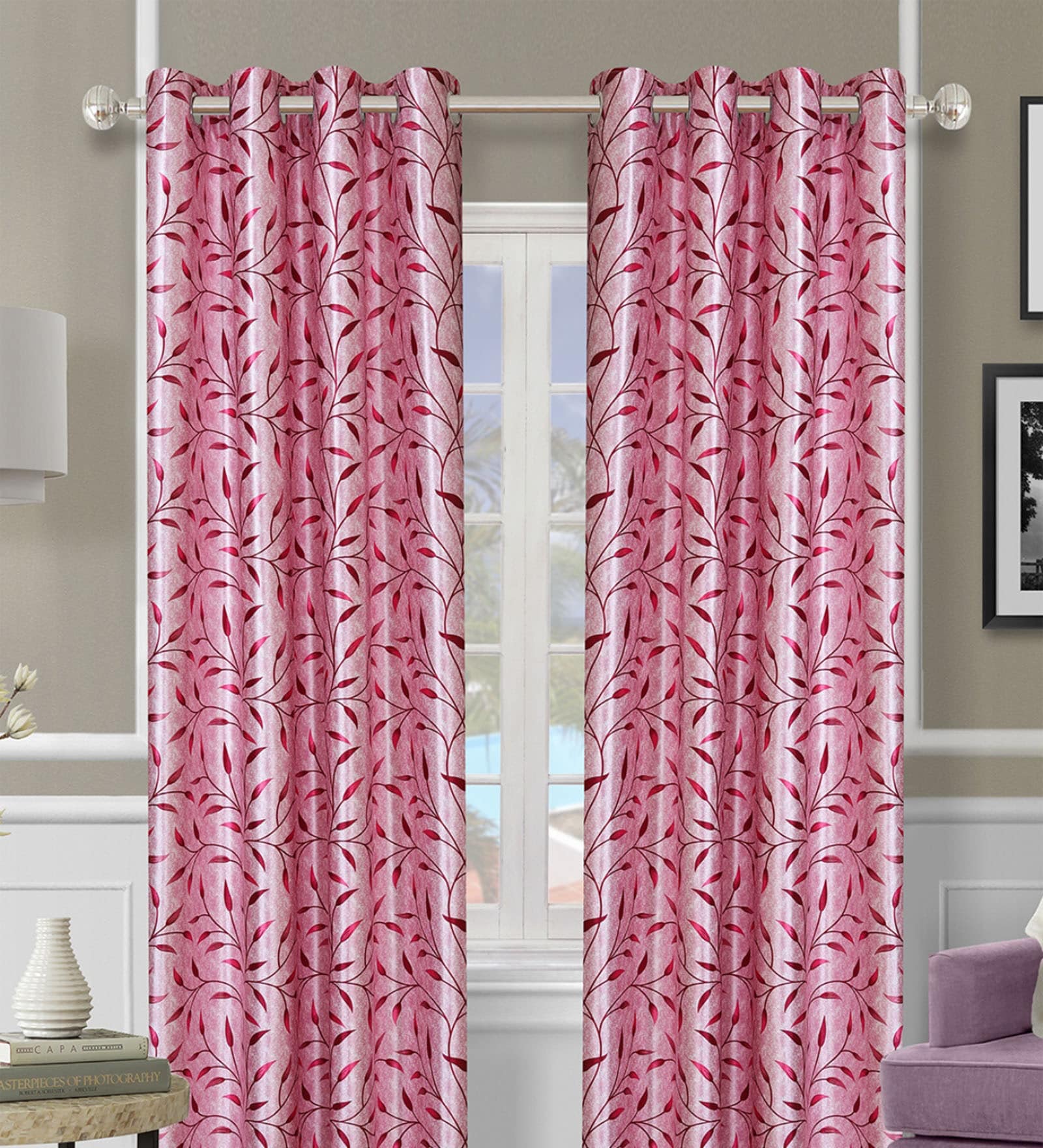Pink Polyester Floral Light Filtering Eyelet 7 Feet Door Curtains (2 Pc)