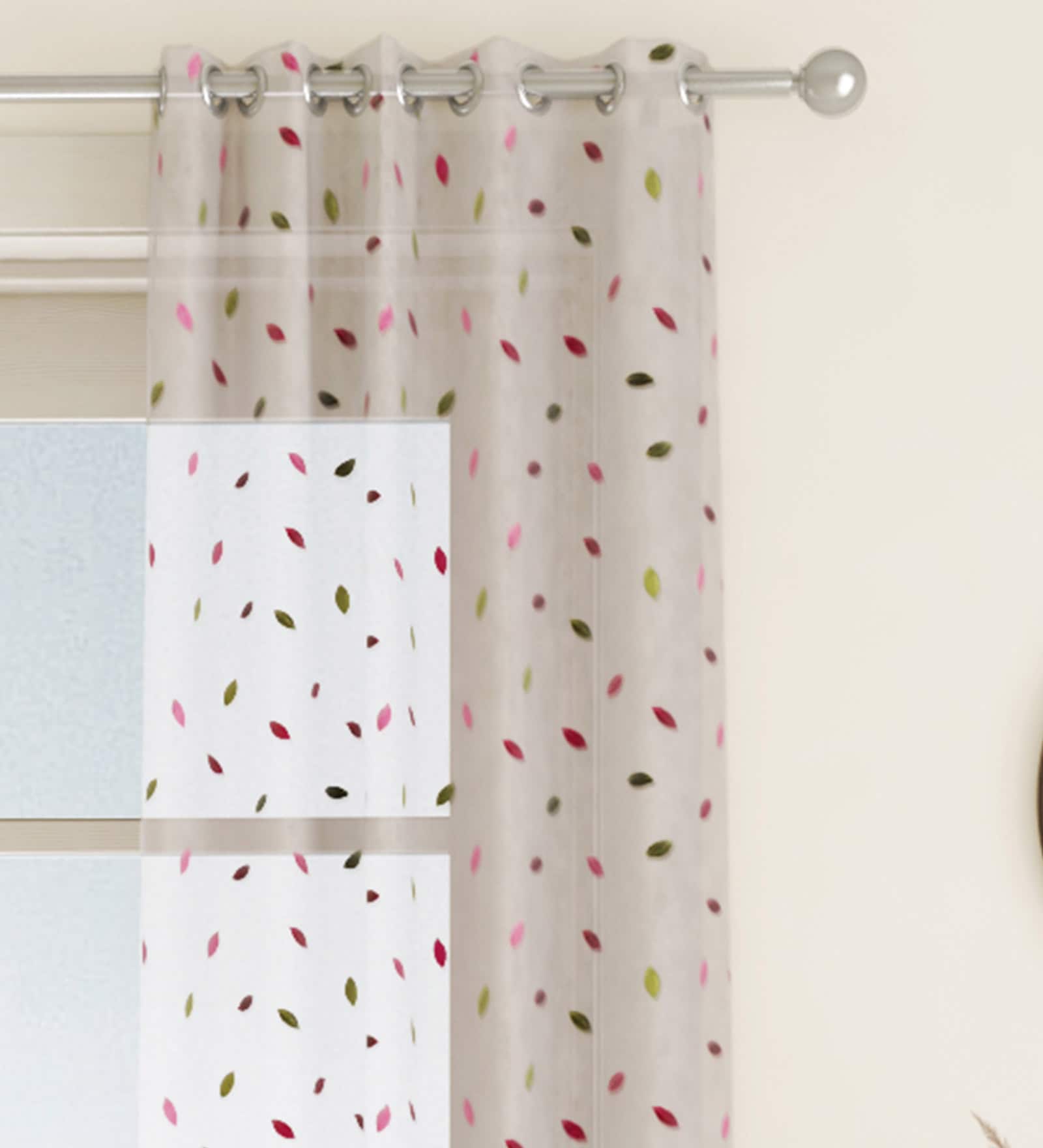 Pink Floral Polyester 7 Ft Sheer Eyelet Door Curtain