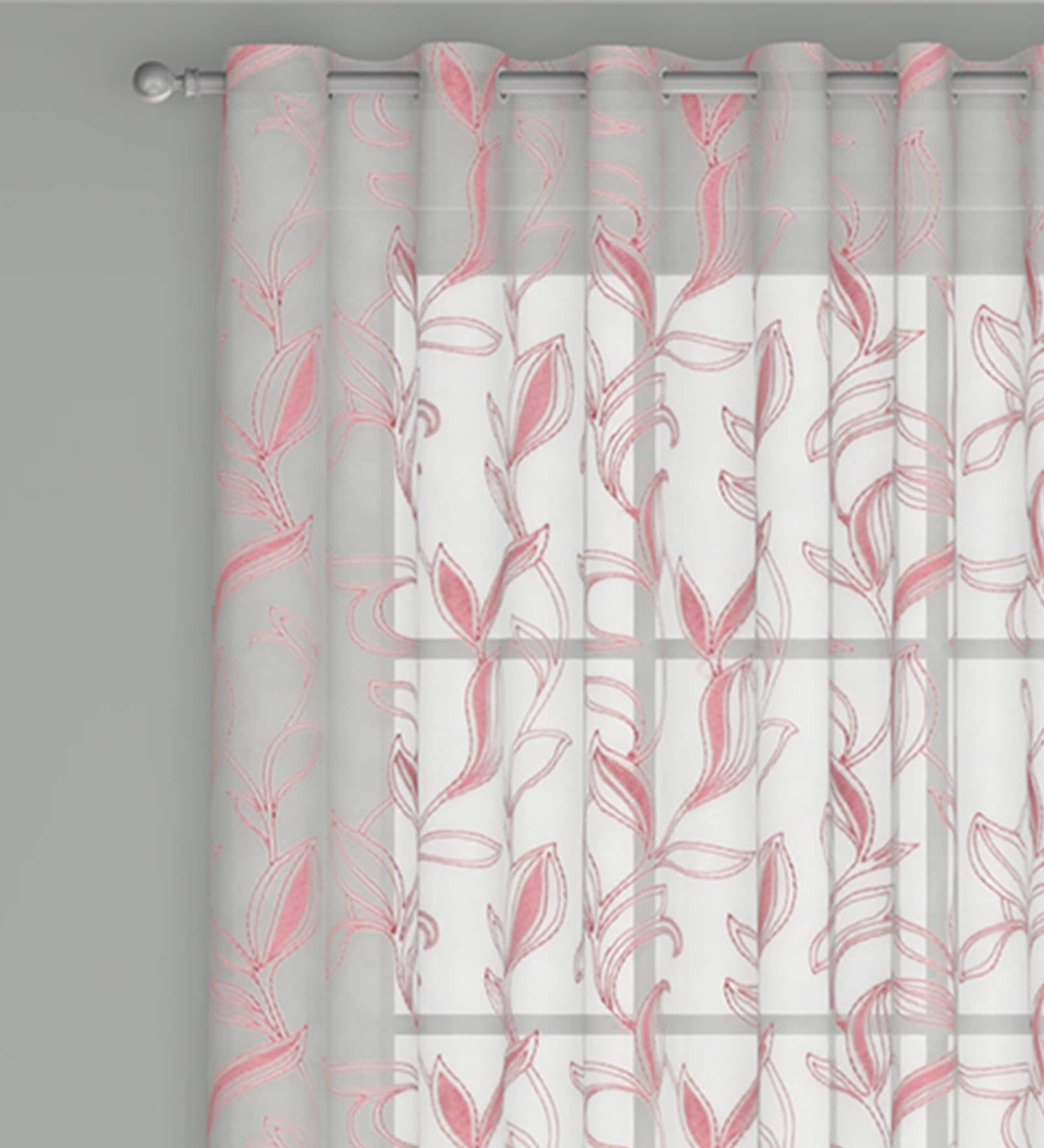 Pink Floral Polyester 7 Ft Sheer Eyelet Door Curtain