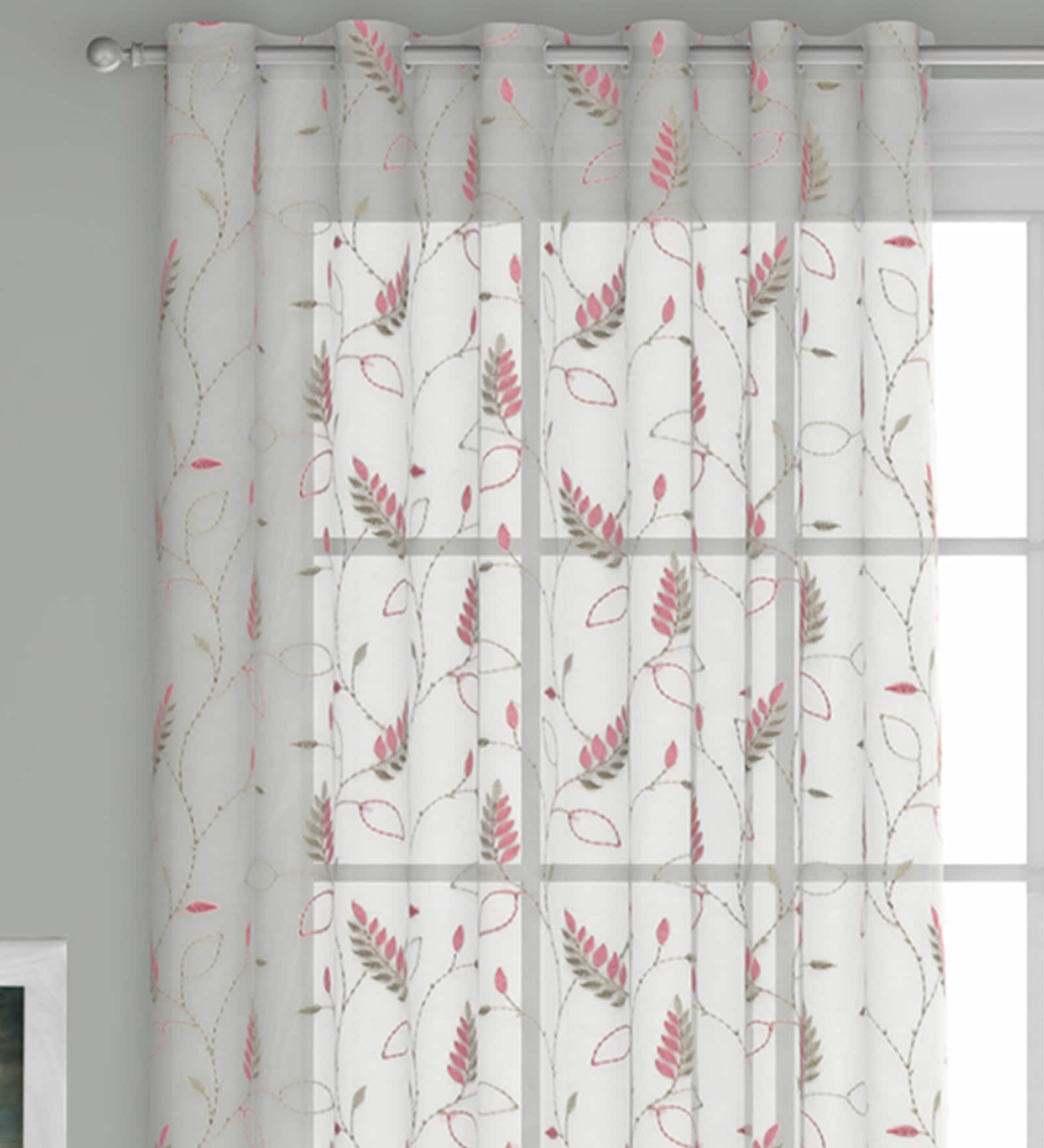 Pink Floral Polyester 7 Ft Sheer Eyelet Door Curtain