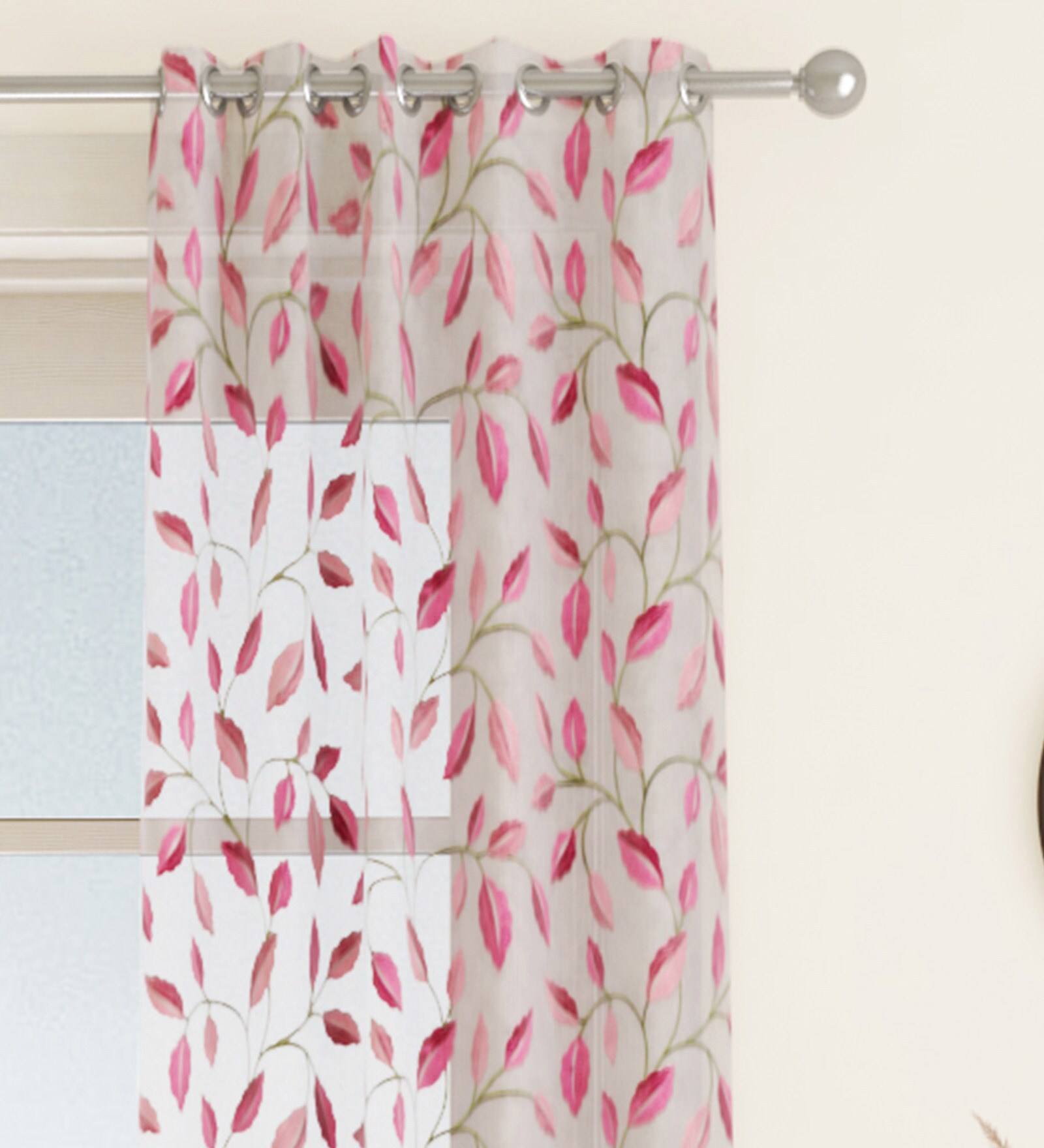 Pink Floral Polyester 7 Ft Sheer Eyelet Door Curtain