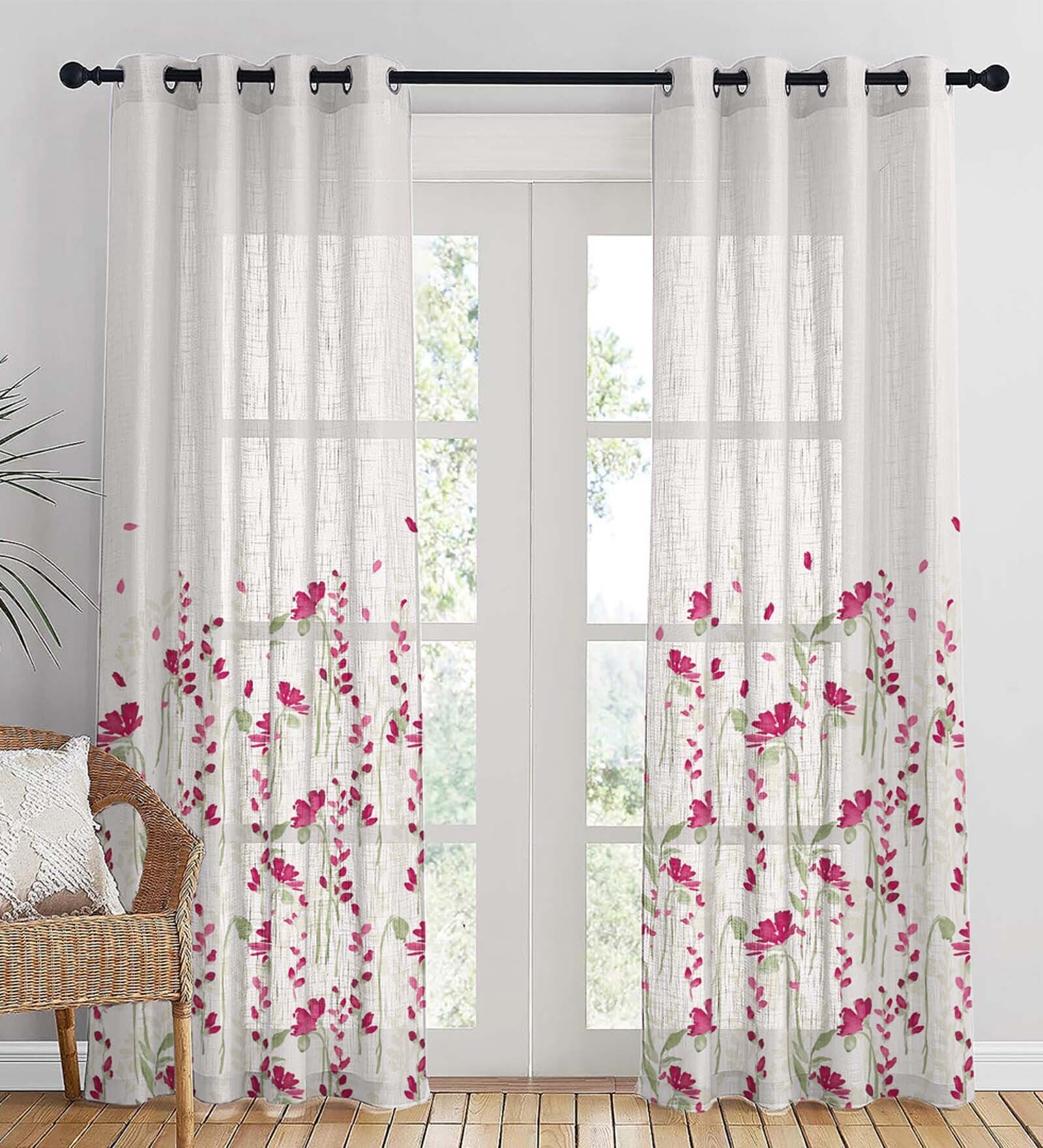 Pink Polyester Floral 9Ft Sheer Eyelet Long Door Curtains (Pack of 2)