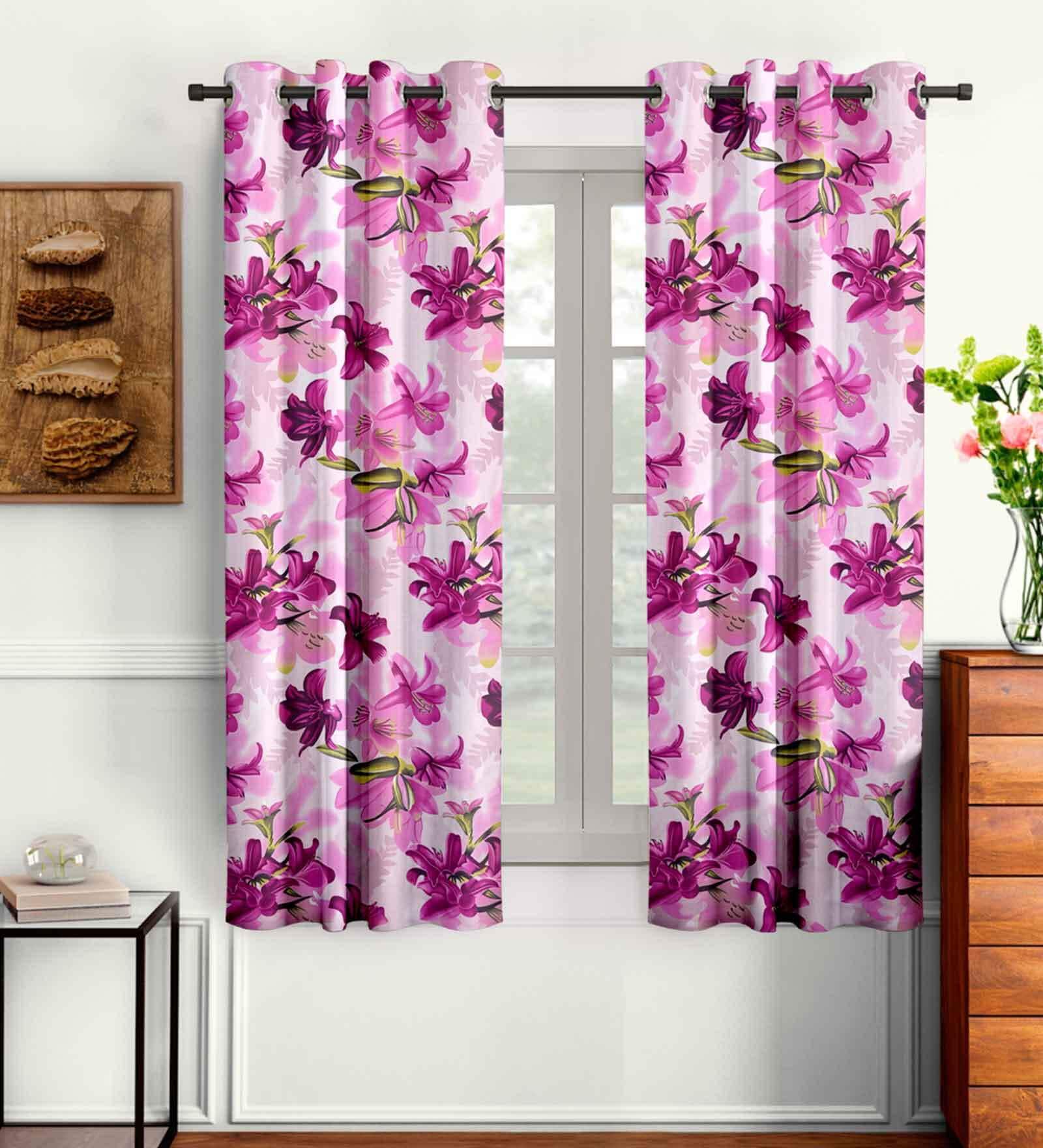 Pink Floral Polyester 5 Ft Semisheer Eyelet Window Curtains (Set of 2)