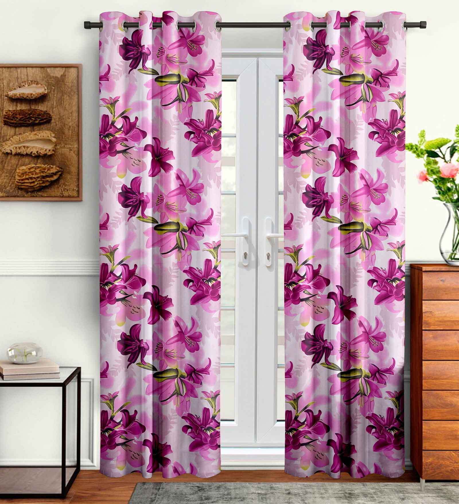 Pink Floral Polyester 7 Ft Semisheer Eyelet Door Curtains (Set of 2)