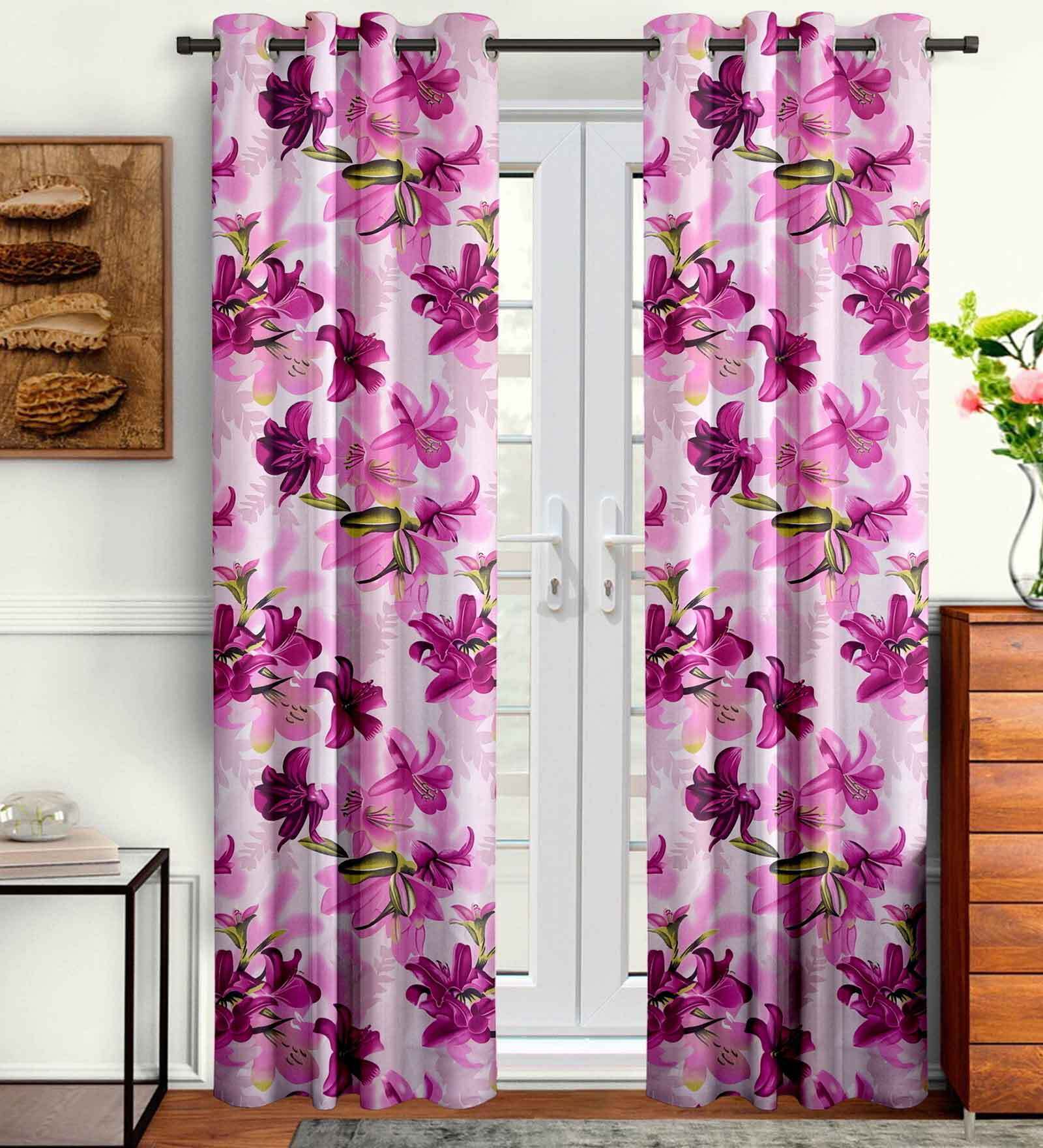 Pink Floral Polyester 9 Ft Semisheer Eyelet Door Curtains (Set of 2)