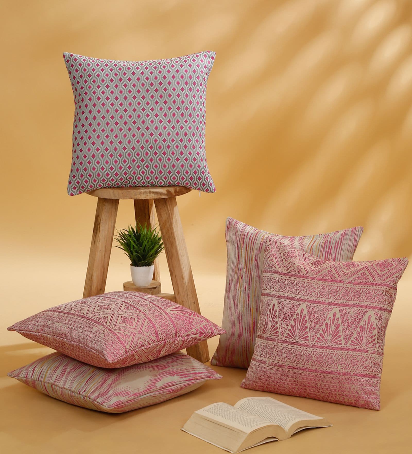 Pink Polyester Jacquard 16x16 inches Cushion Cover Set of 5