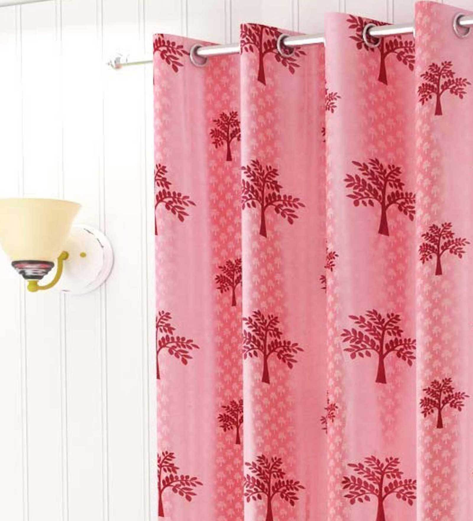 Pink Floral Polyester 9 Ft Semisheer Eyelet Door Curtain