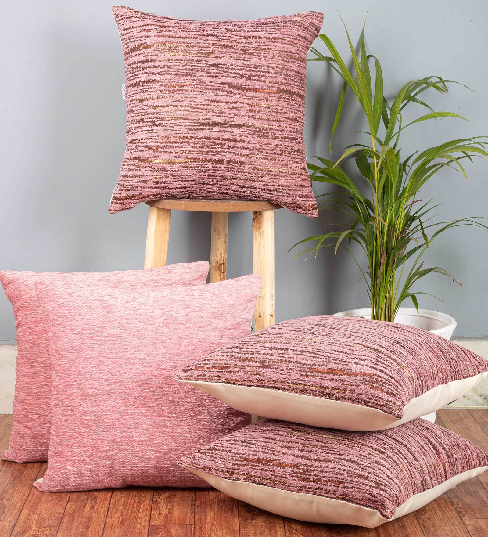 Pink Textured Polyester 16 x 16 Inches Cushion Covers (Set of 5)
