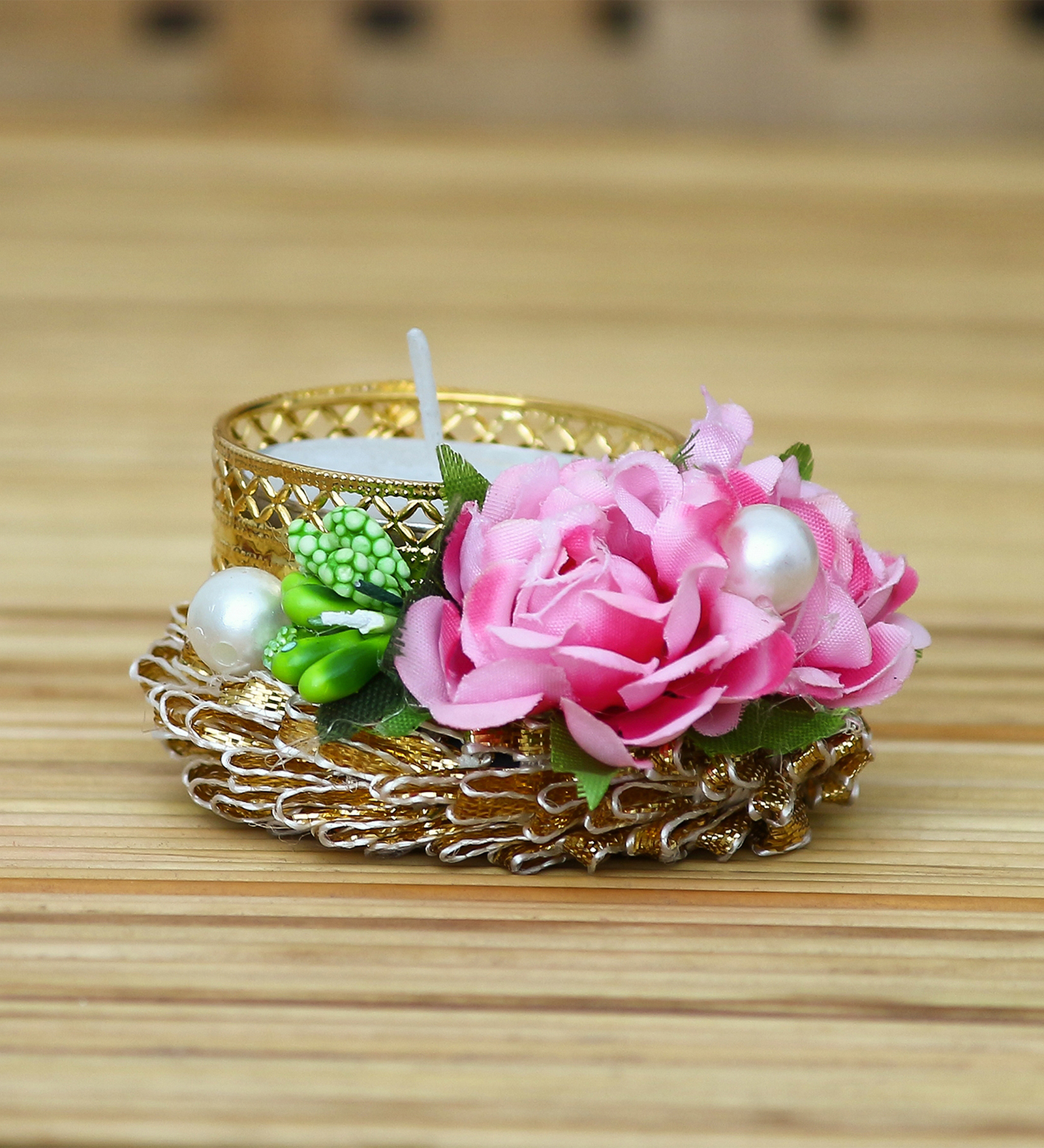 Rose Pink & Green Plastic Beads Diya