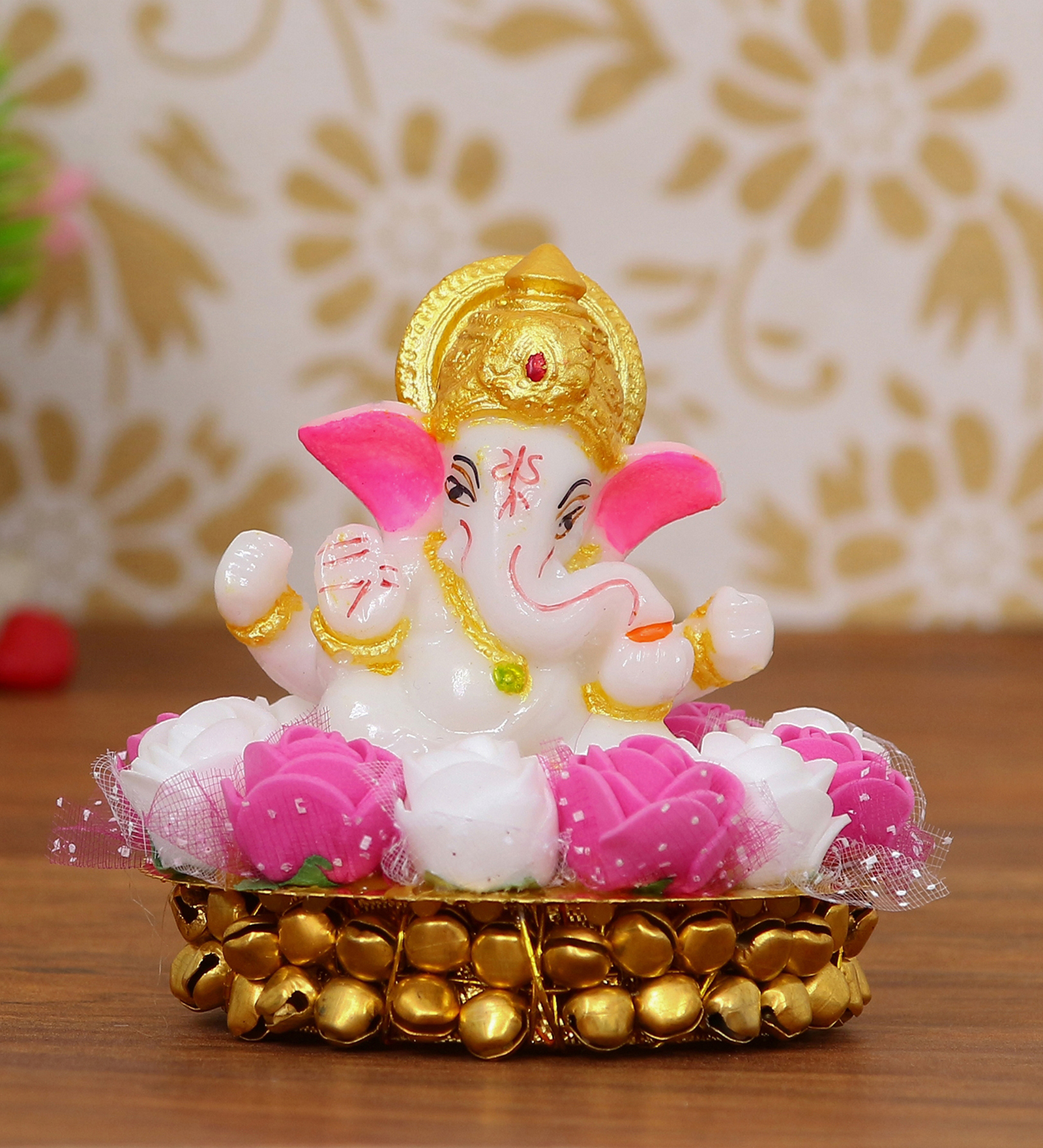 Lord Ganesha Pink & White Polyresin Idol