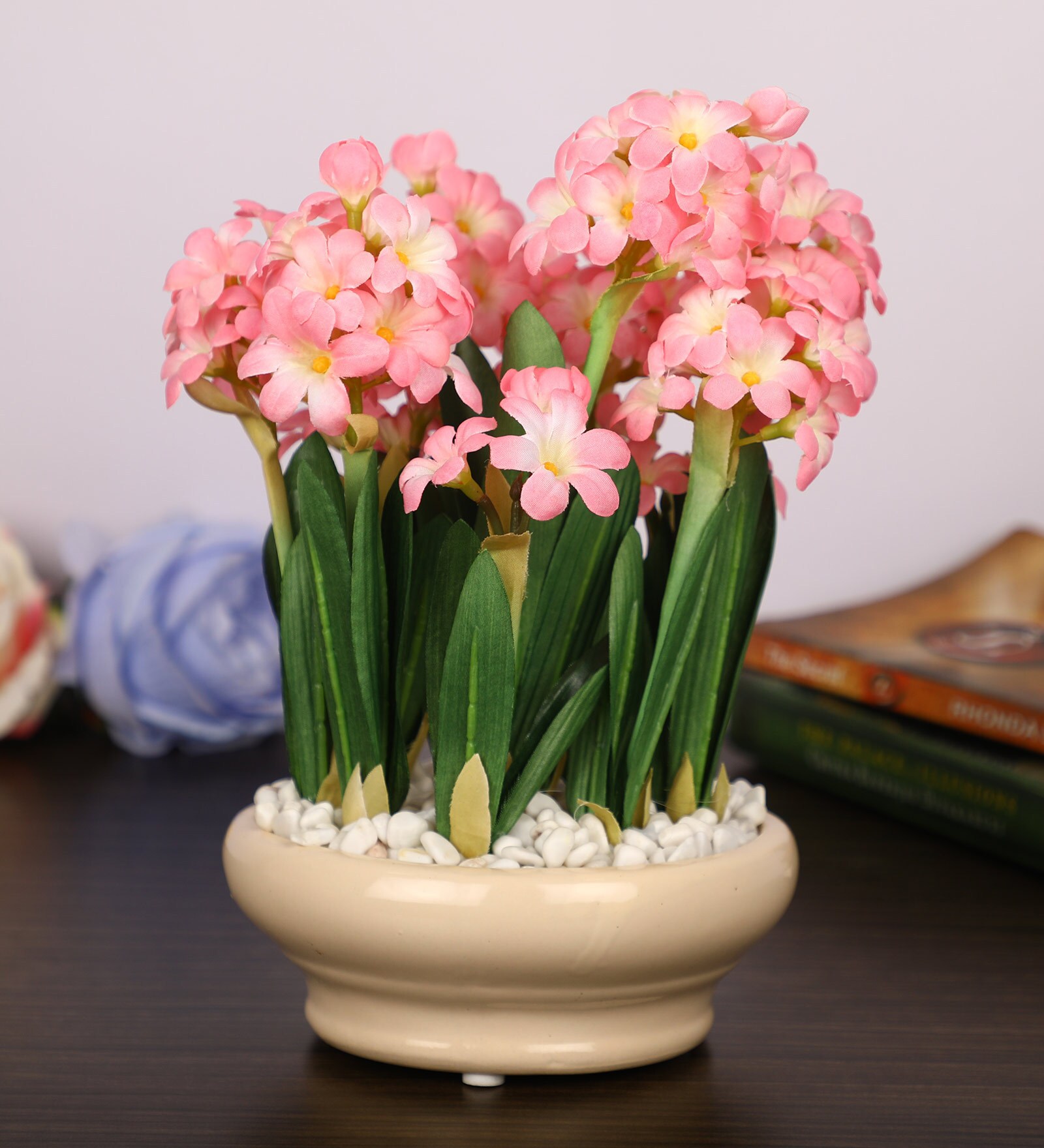 Pink Bunch Artificial Flower White Pebbles & Ceramic Pot