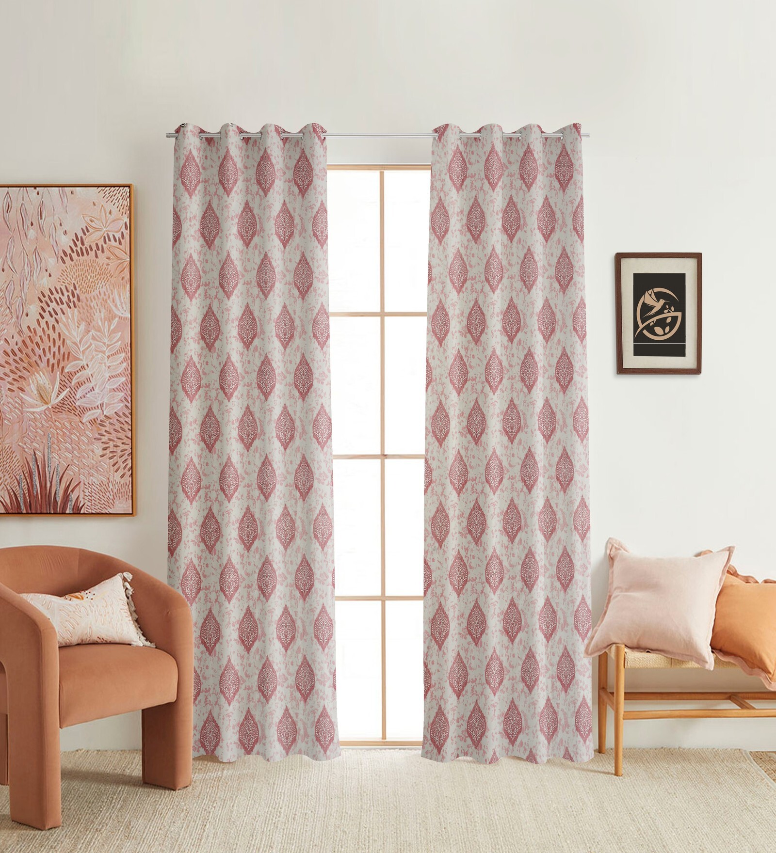 Pink Poleyster Camrin Leaves 5 Feet Semi Transperency Ring Top Window Curtains 2Pcs