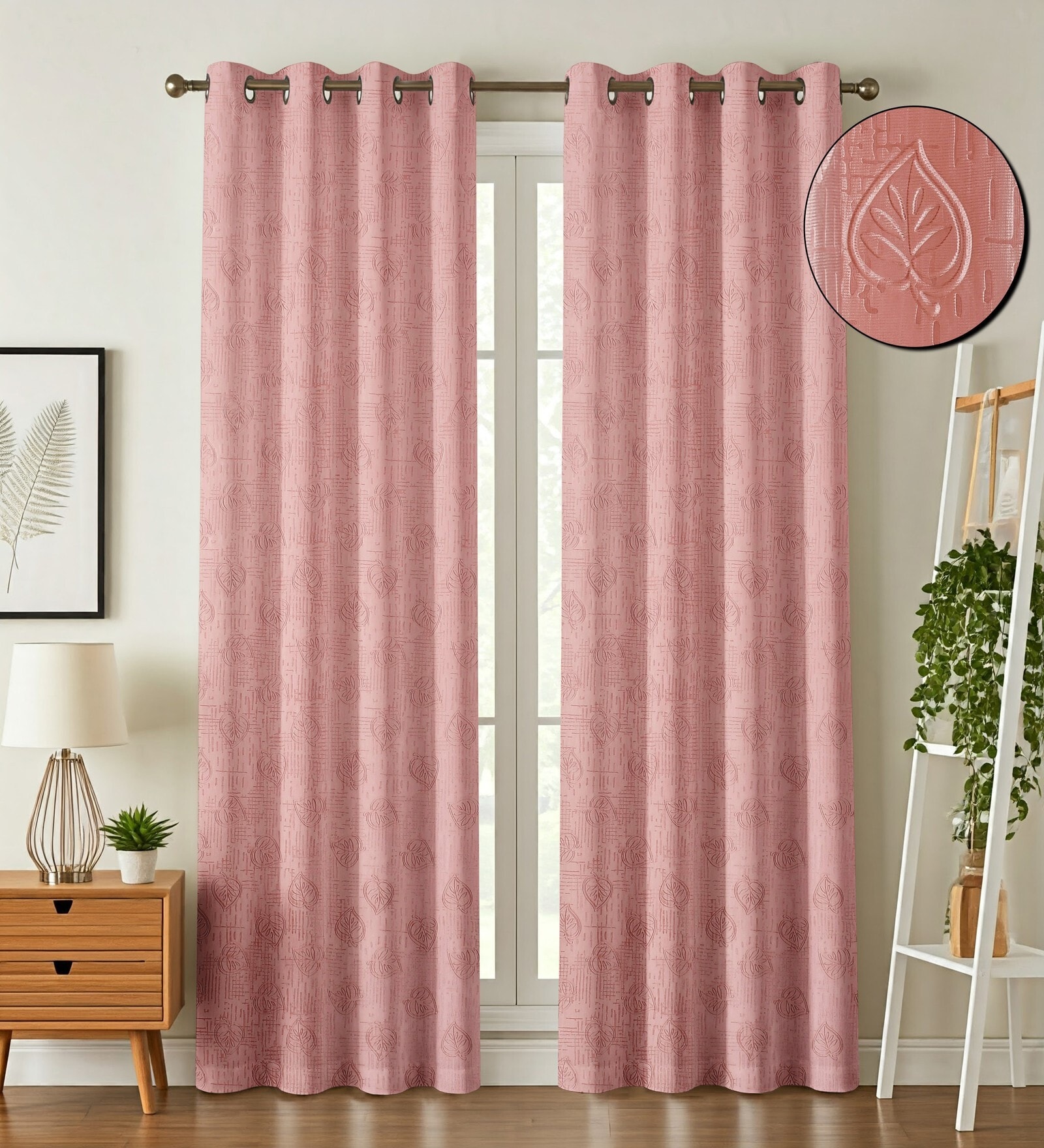 Pink Poleyster Floral 5 Feet Semi Transperency Ring Top Window Curtains 2Pcs