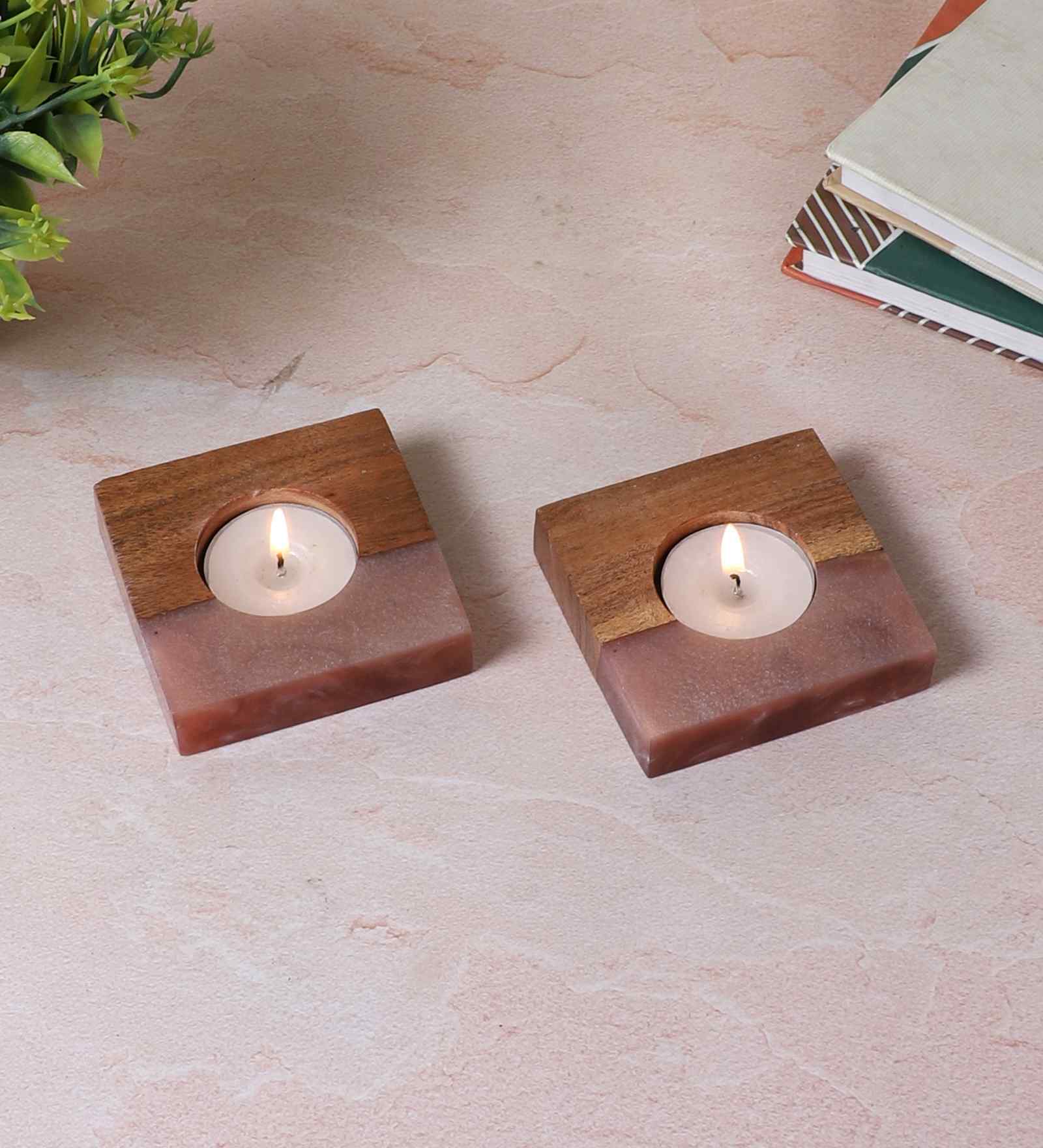 Pink Resin & Mangowood Tealight Holder Set of 2