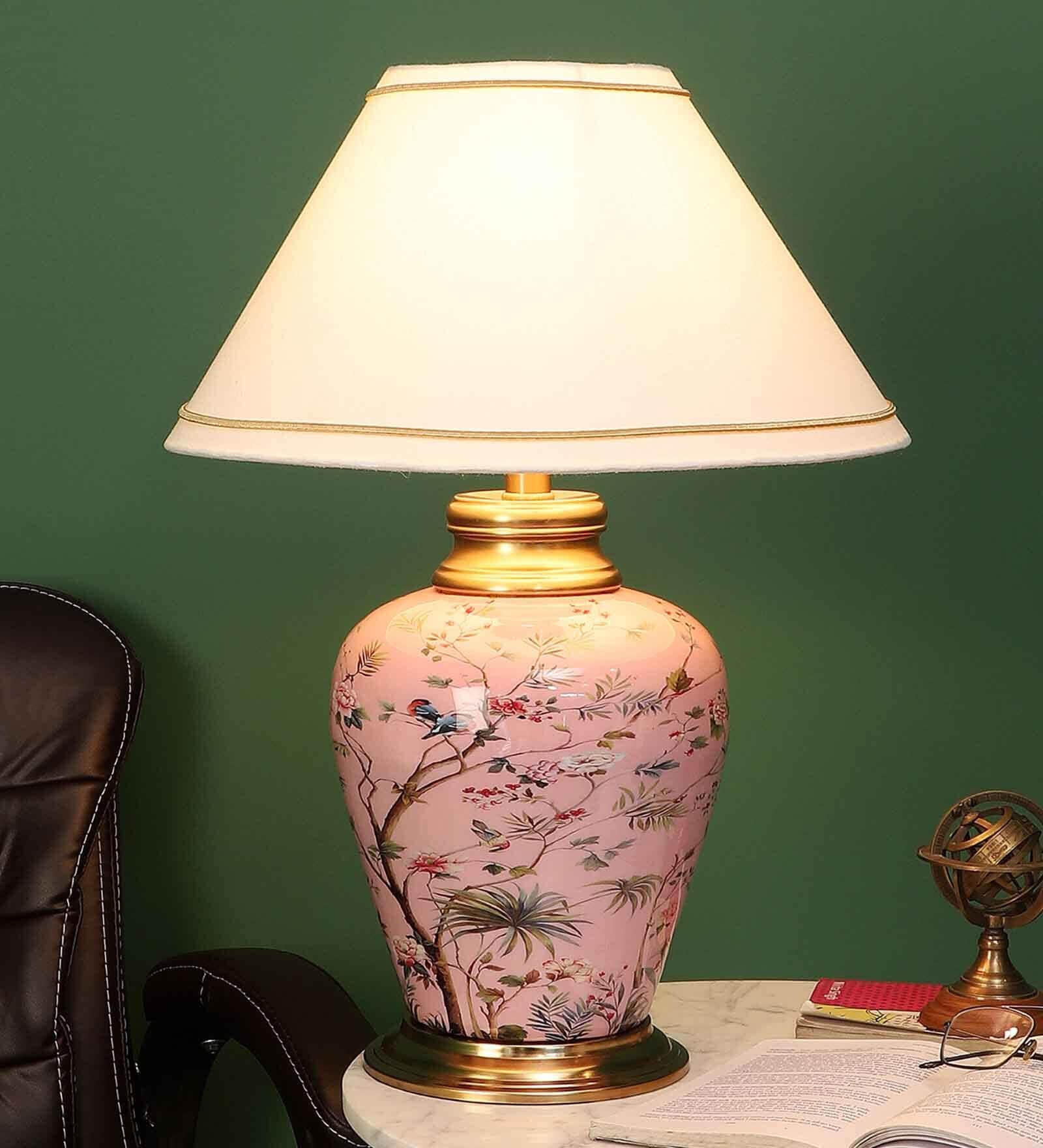 Pink Rose And Bird Paint Table Lamp