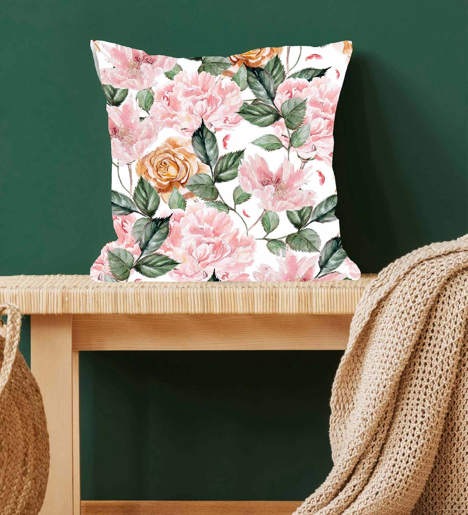 Pink & Green Floral Satin 16 x 16 Inches Cushion Cover