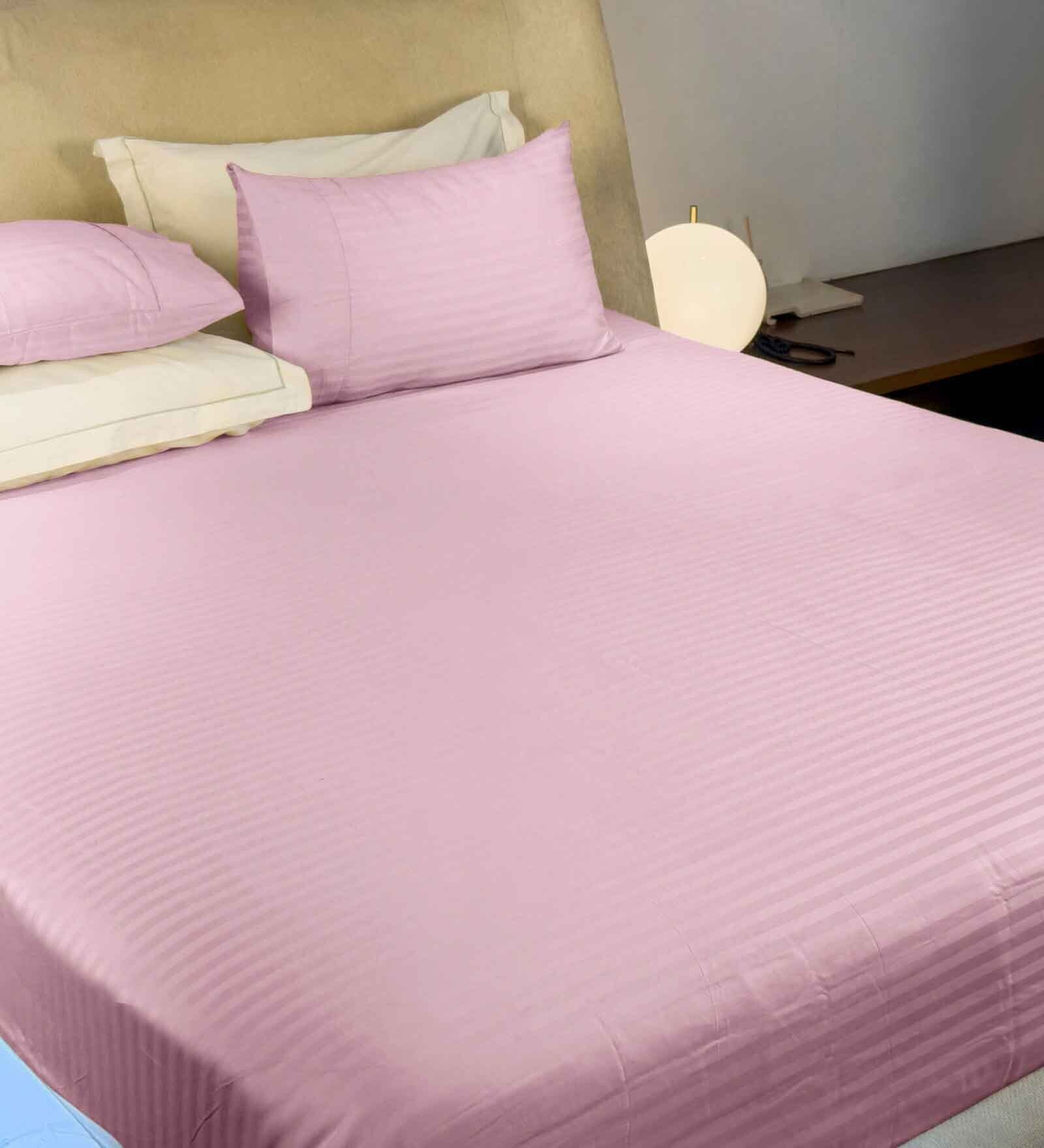Pink Satin Striped 210 TC Pure Cotton King Sized Bedsheet with 2 Pillow Covers