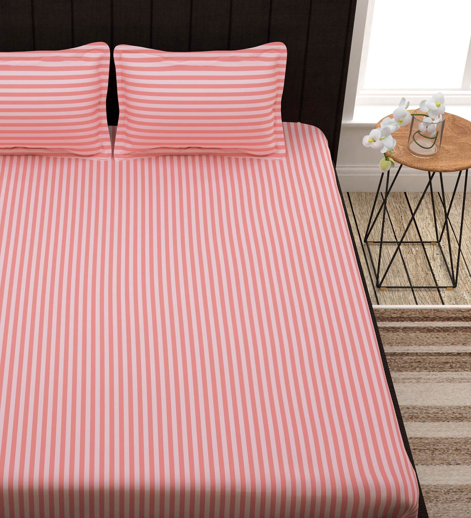 Pink Striped 300 TC 100% Cotton King Sized Bed Sheets with 2 Pillow Covers