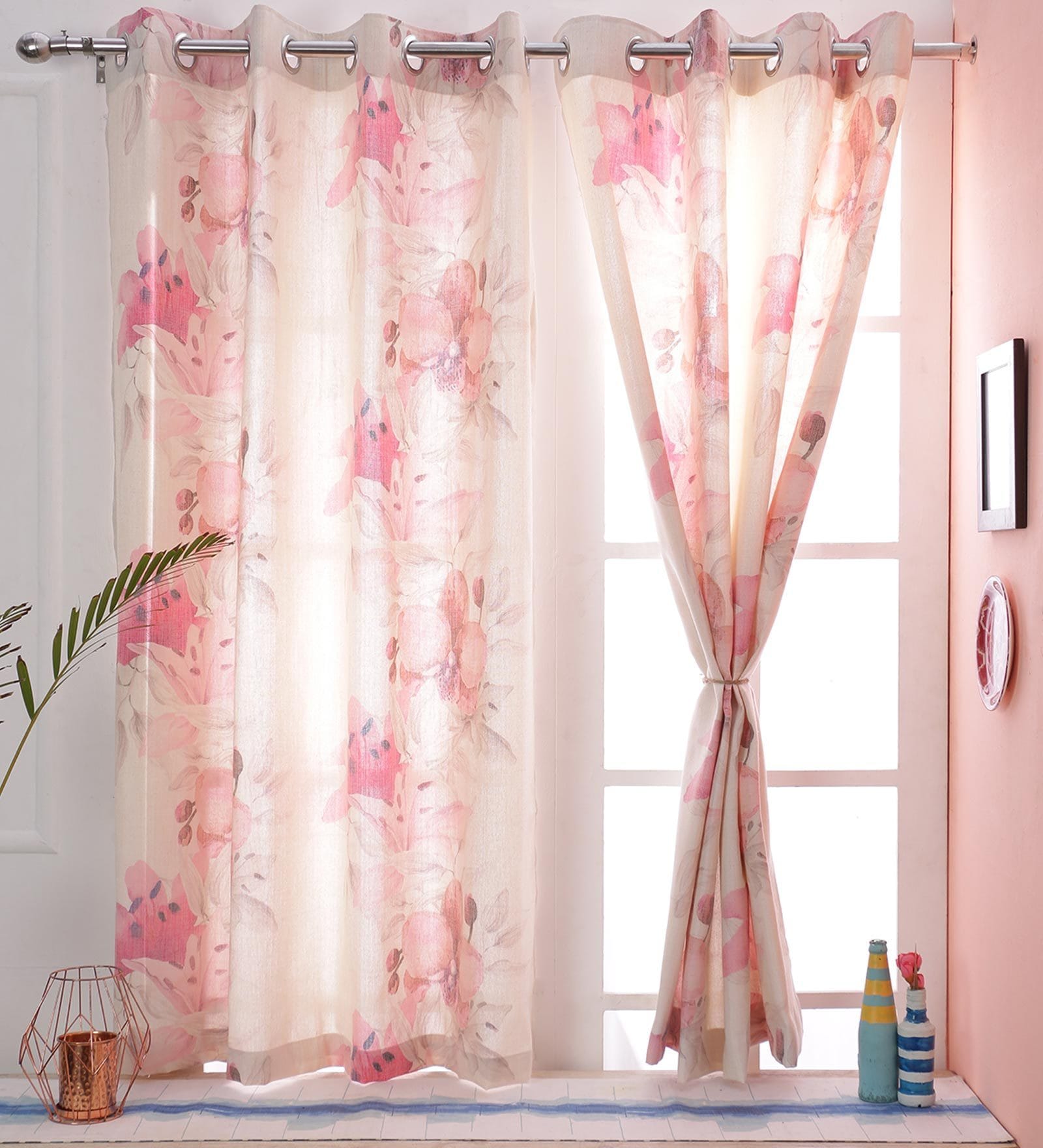 Pink Floral Jute 5 Ft Light Filtering Eyelet Window Curtain