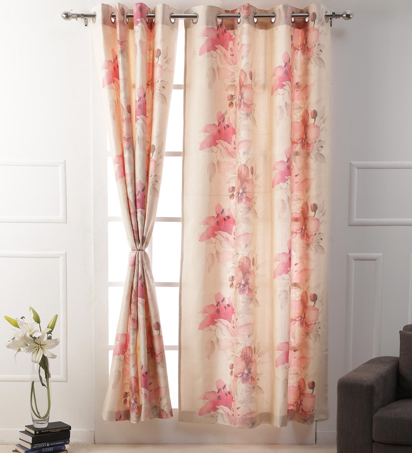Pink Floral Jute 7 Ft Light Filtering Eyelet Door Curtain