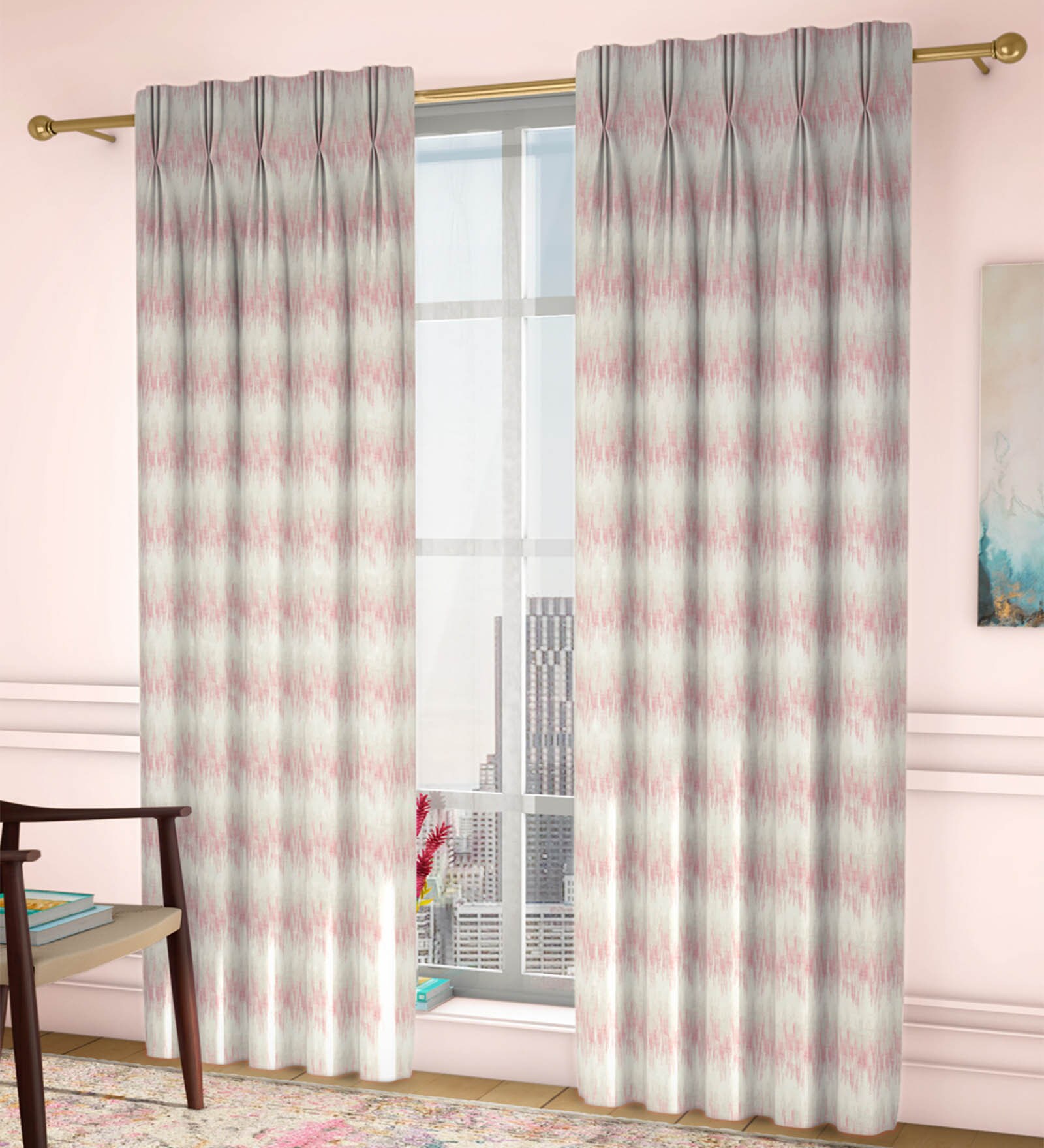 Pink Abstract Poly Cotton 7.5 Ft Light Filtering Pinch Pleat Door Curtains (Set of 2)