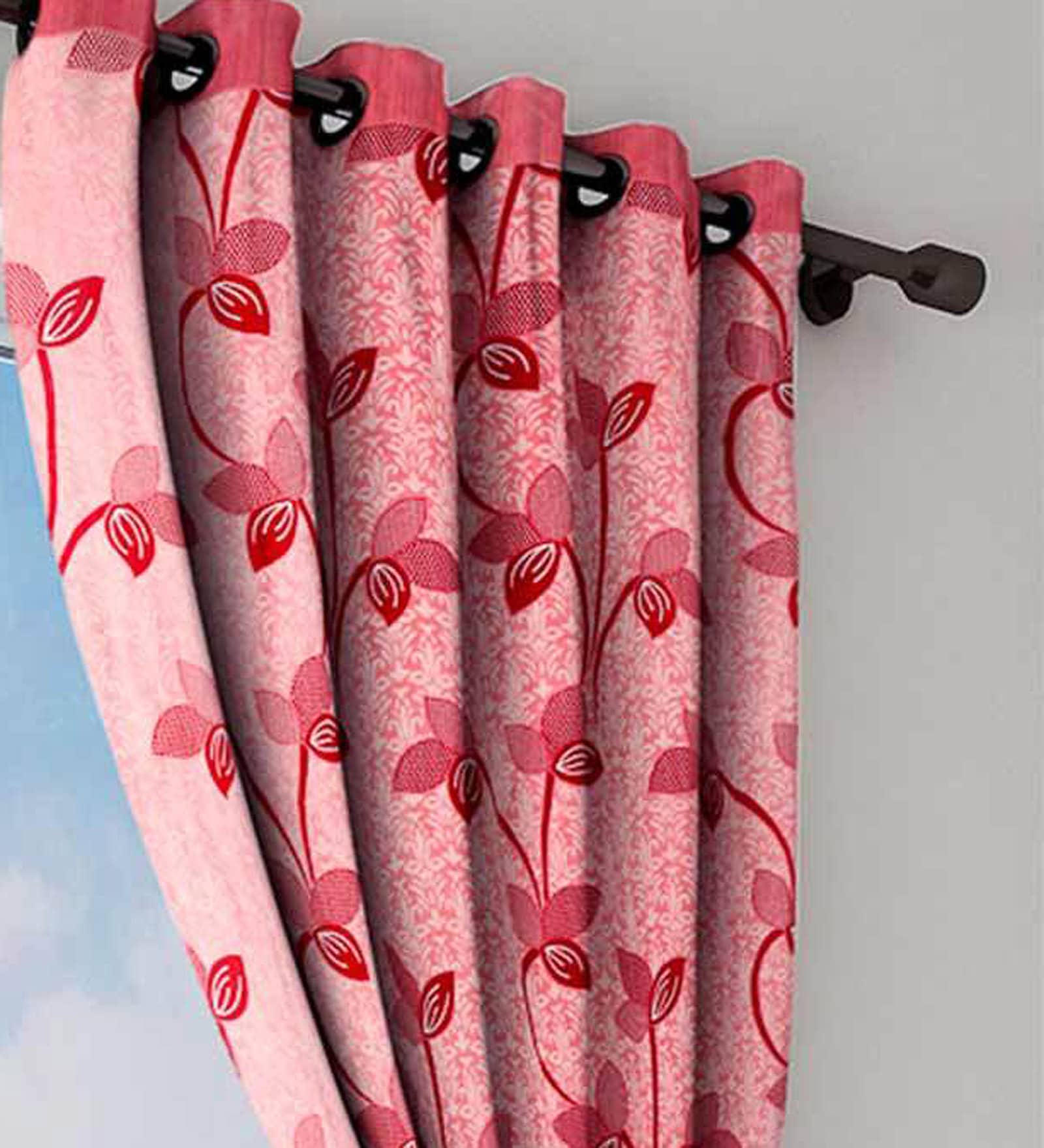 Pink Floral Polyester 5 Ft Semisheer Eyelet Window Curtains (Set of 2)