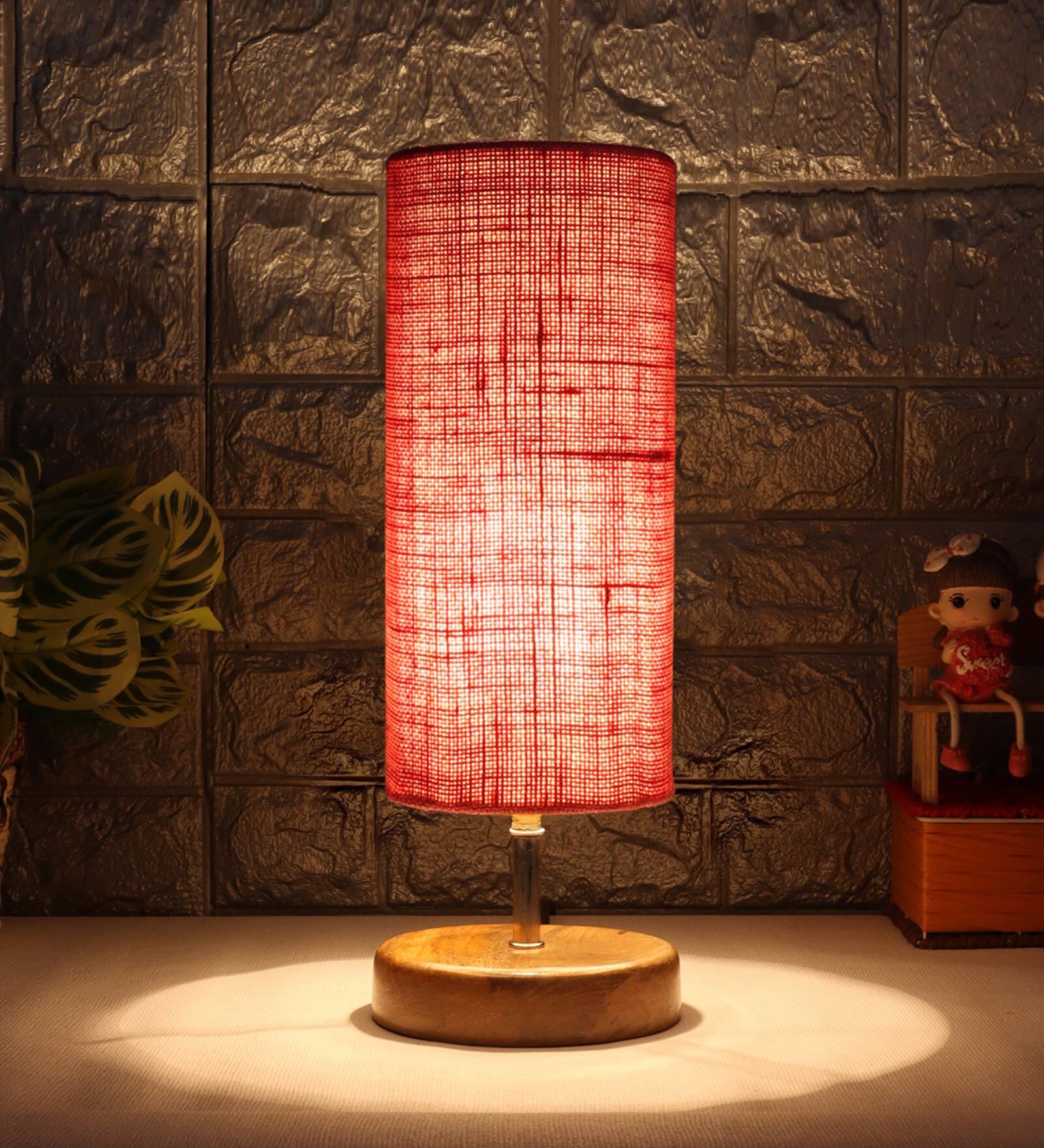 Lense Pink Jute Shade Table Lamp With Wood Base