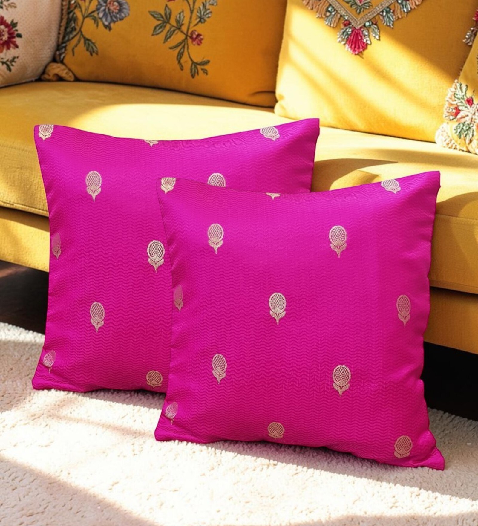 Pink Silk blend Banarasi Chanderi Zari 16x16 inches Cushion Covers (Set of 2)