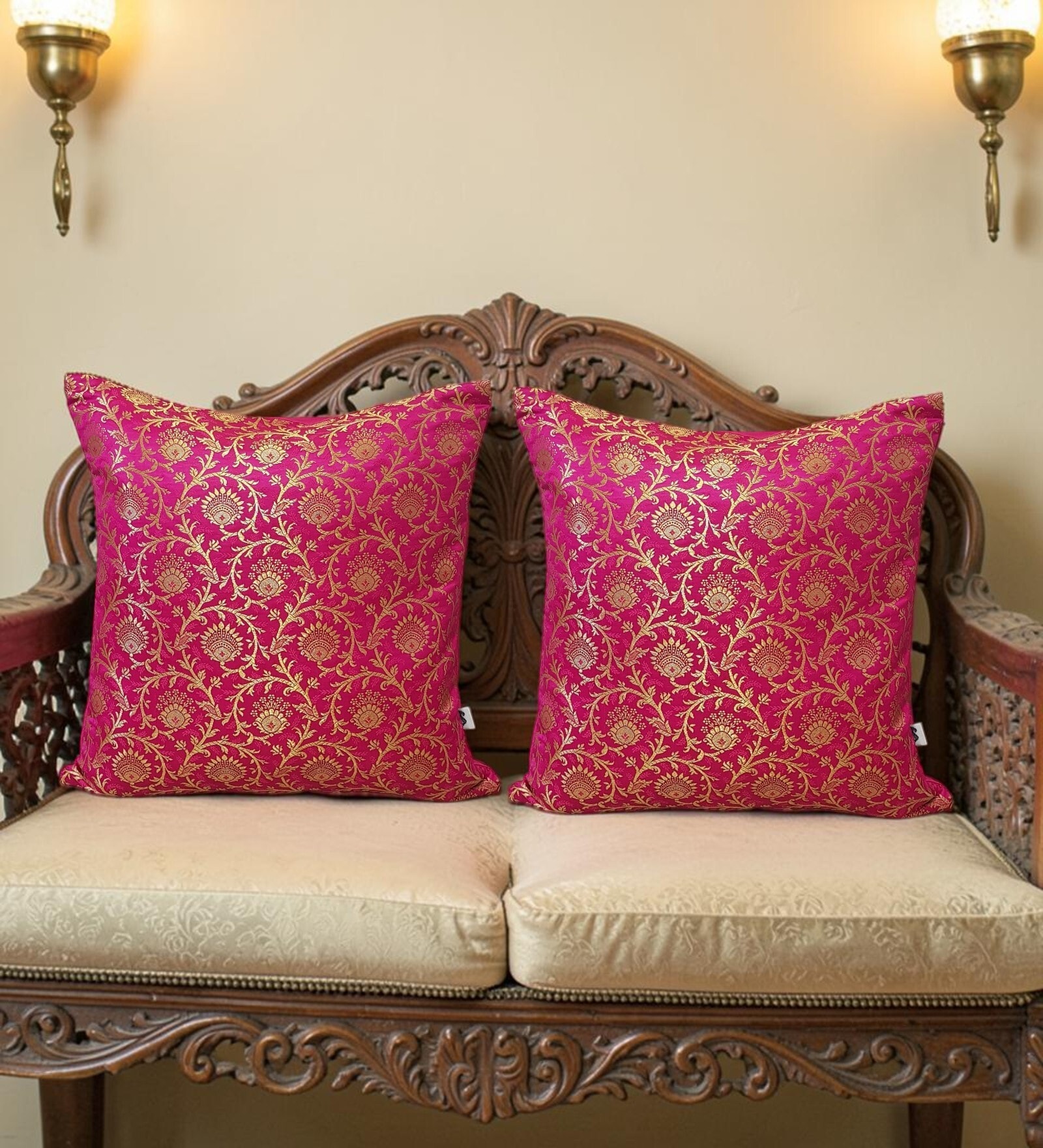 Pink Silk blend Brocade Meenakari Morpankh  16x16 inches Cushion Covers (Set of 2)