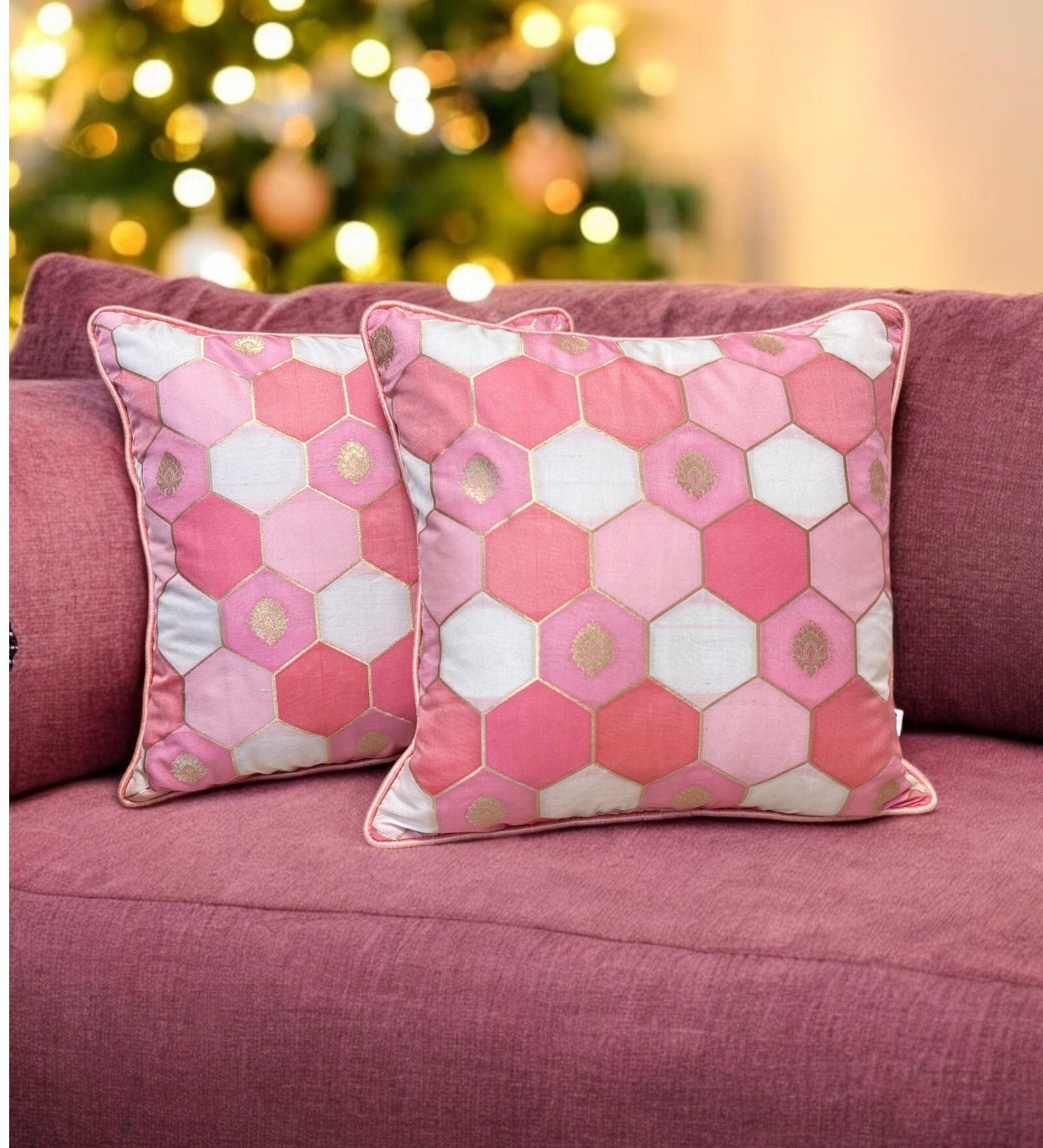 Pink Silk blend Honeycomb Brocade 16x16 inches Cushion Covers (Set of 2)