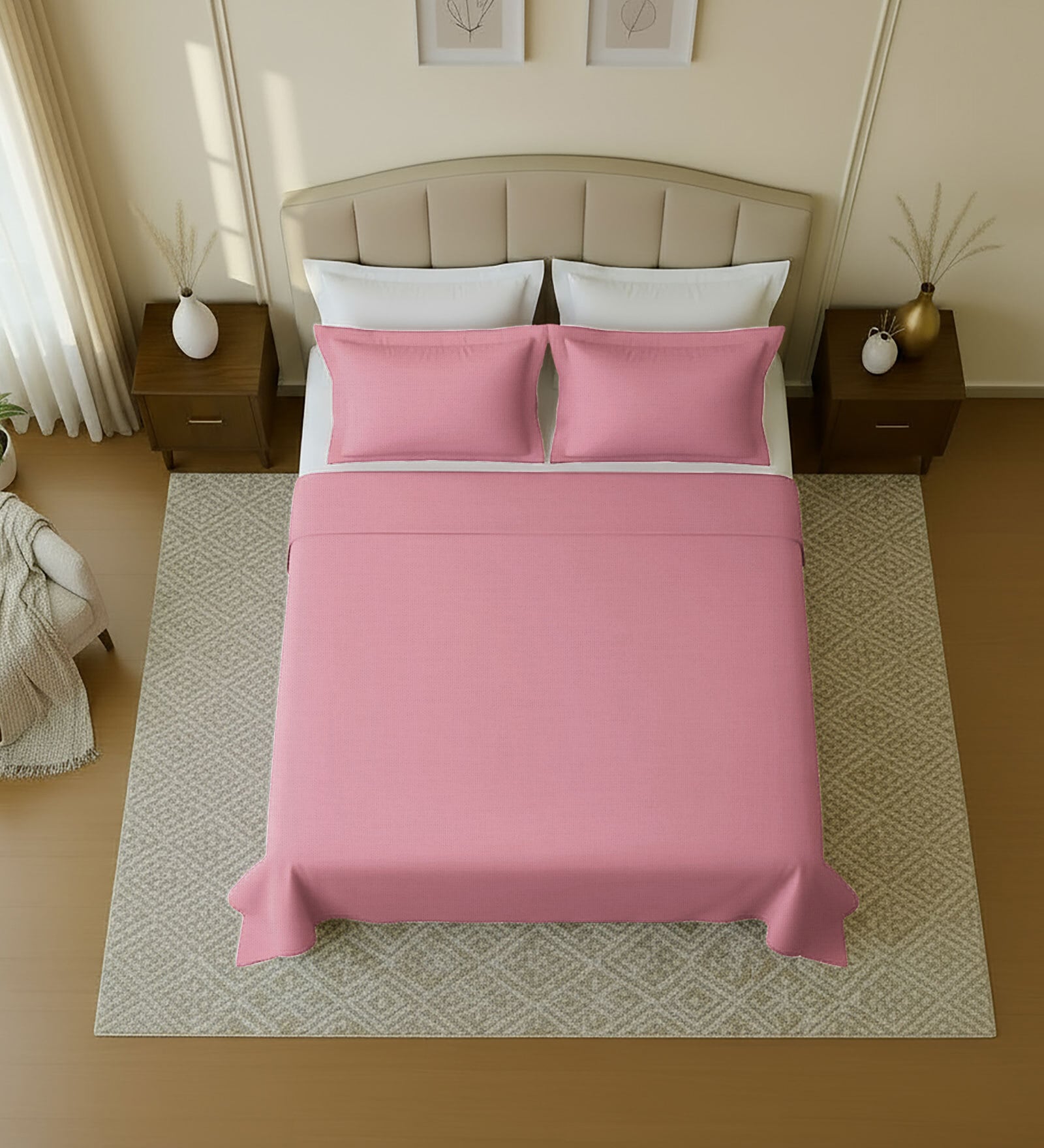 Pink Solid 144 TC 100 % Cotton Double Size Bedsheet With 2 Pillow Covers