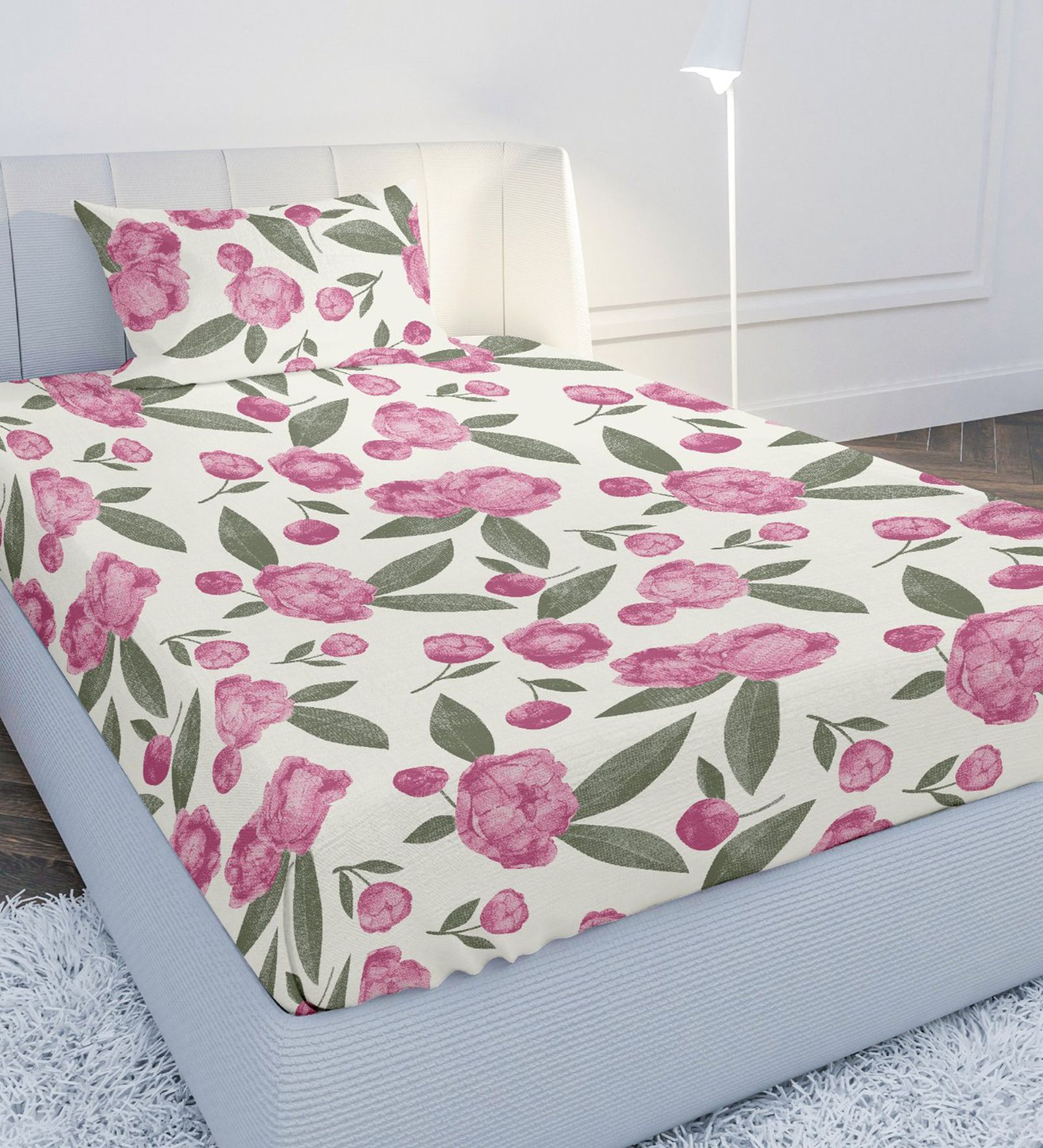 Pink Floral 144 TC Cotton Single Bedsheet with 1 Pillow Cover
